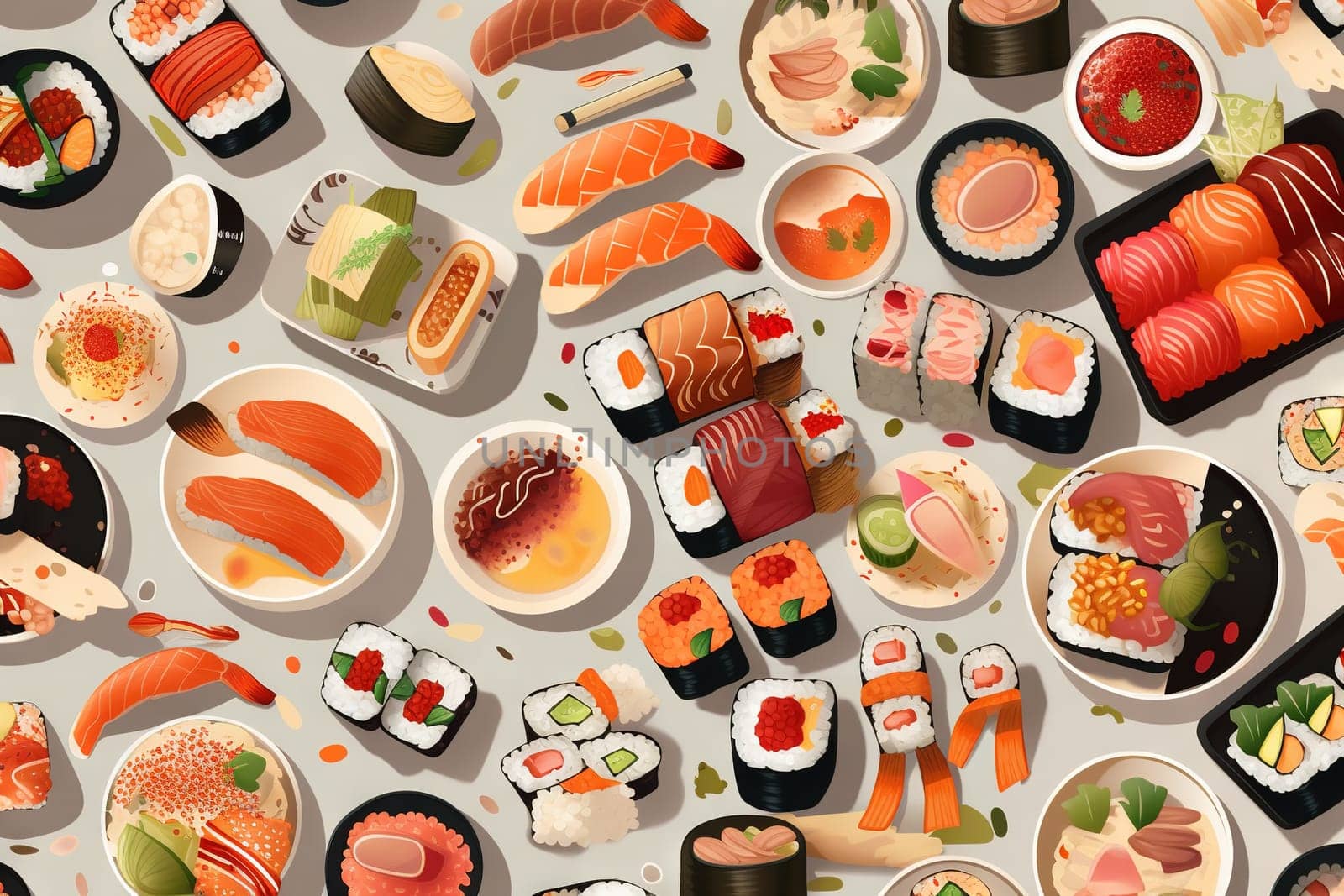 Sushi set. Collection of fast fool in asian style. Classic shushi and rice rolls. Generated AI