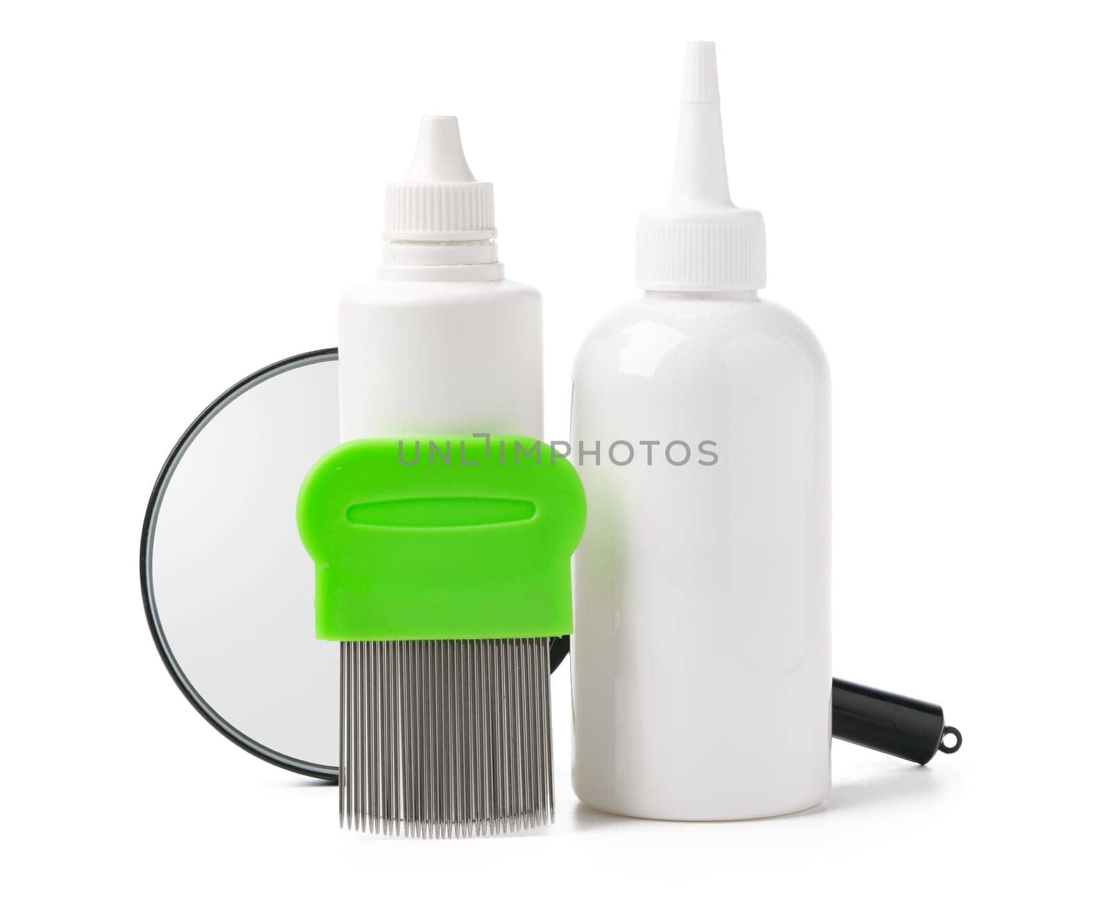 Medicine, lice comb and magnifying glass isolated on white background