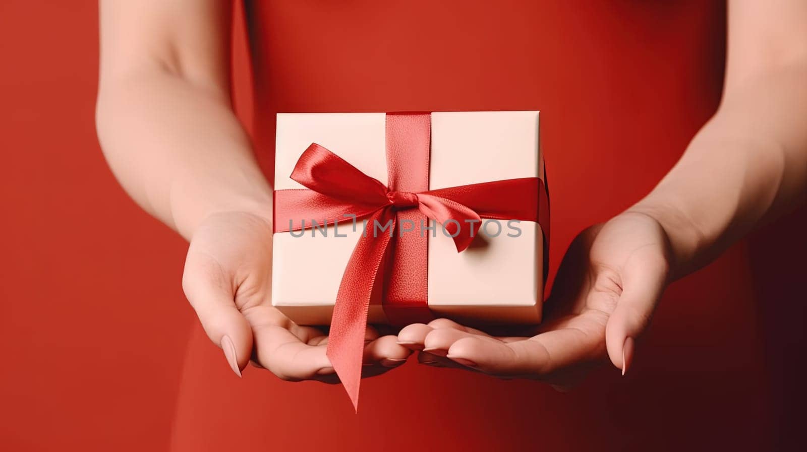 Woman hands holding the gift, presenting the box with bow. Generated AI