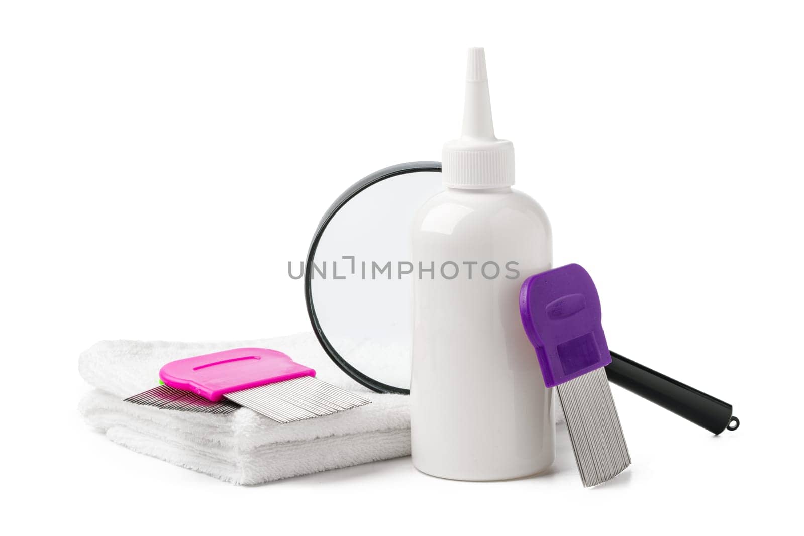 Cosmetic products, lice comb and magnifying glass isolated on white background