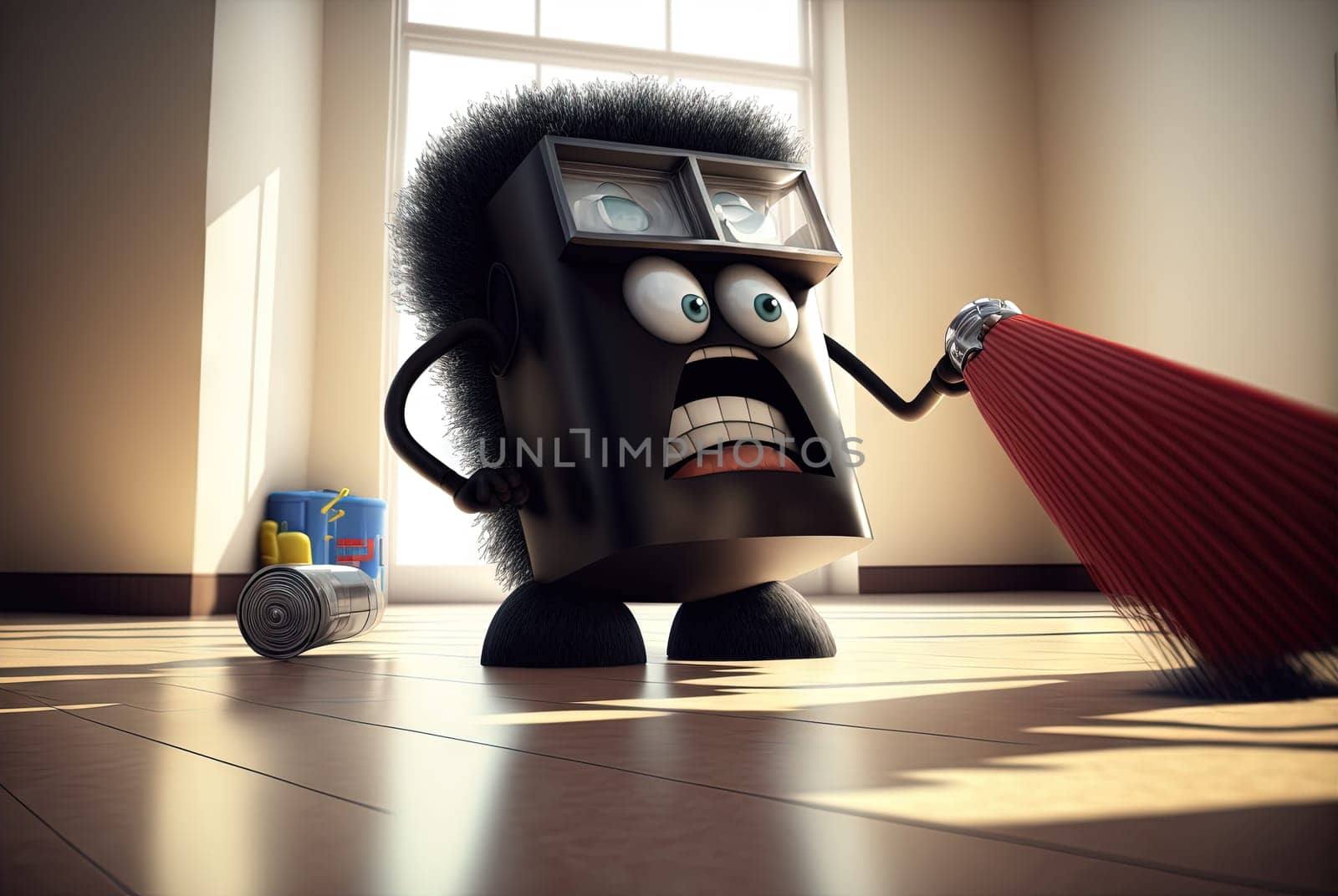 Vacuum cleaner cute and funny monster in the room. Dustsucker mascot character. Generated AI