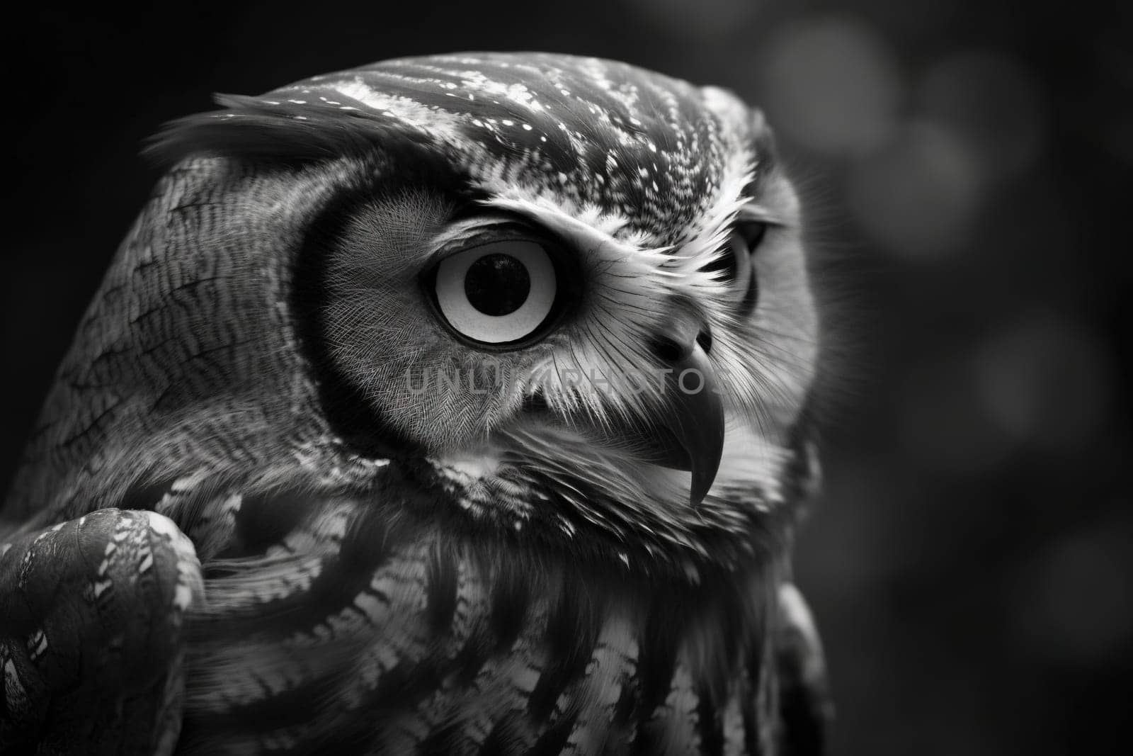 Wild owl in the forest. Black and white style, wildlife element. Generated AI