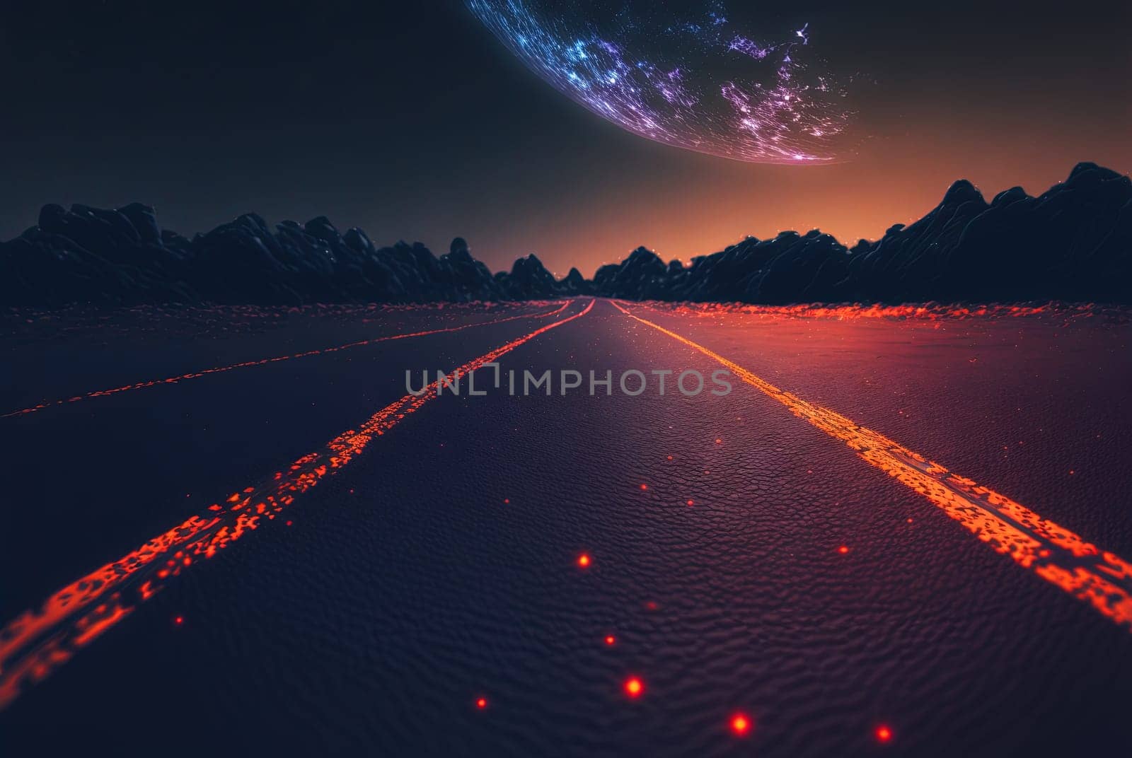 Road to the horizon concept with synthwave colors. Abstract background with surreal night way in 80s style. Generated AI. by SwillKch