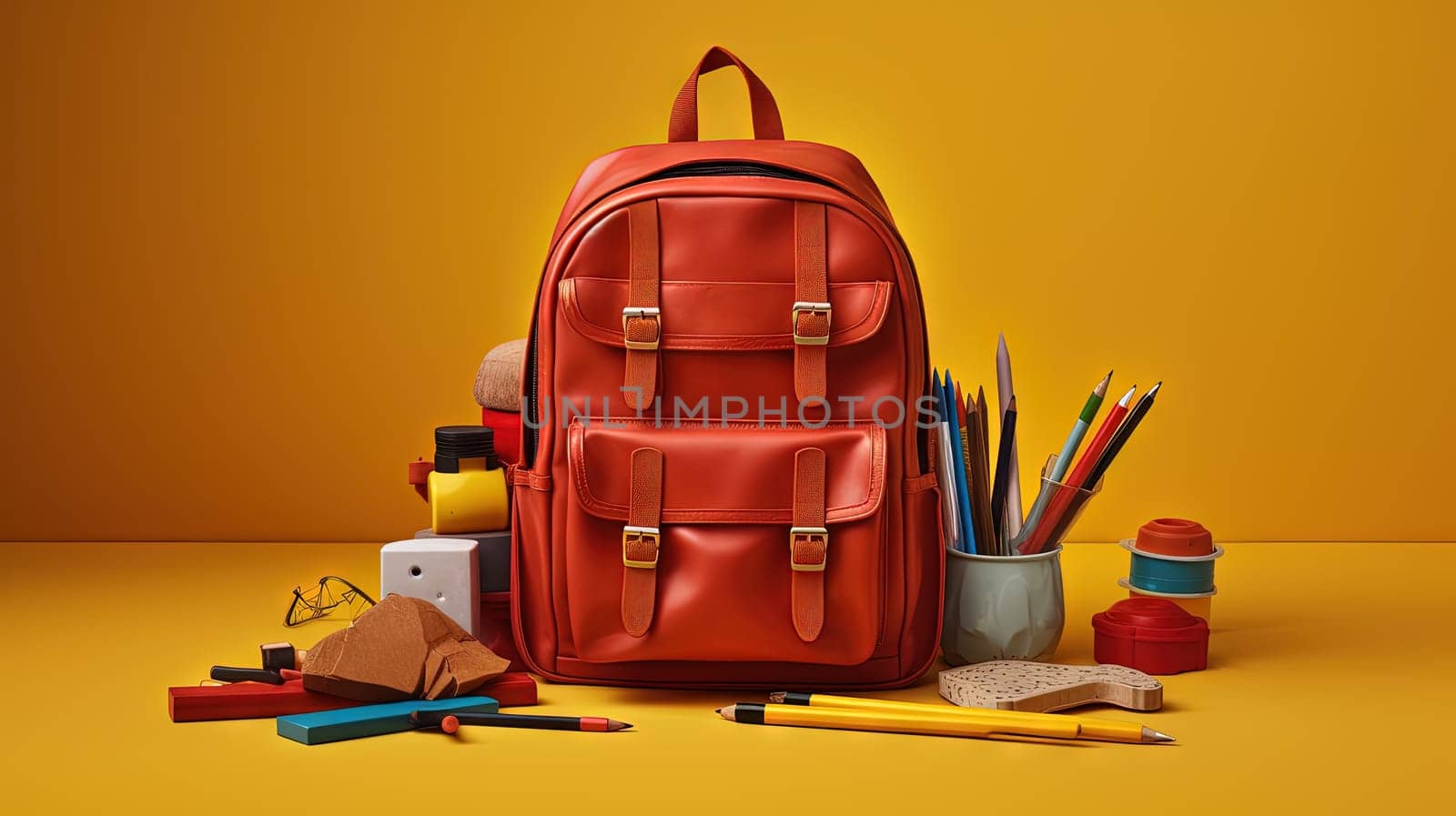 School backpack with colorful learning supplies. Back to school concept. Generated AI