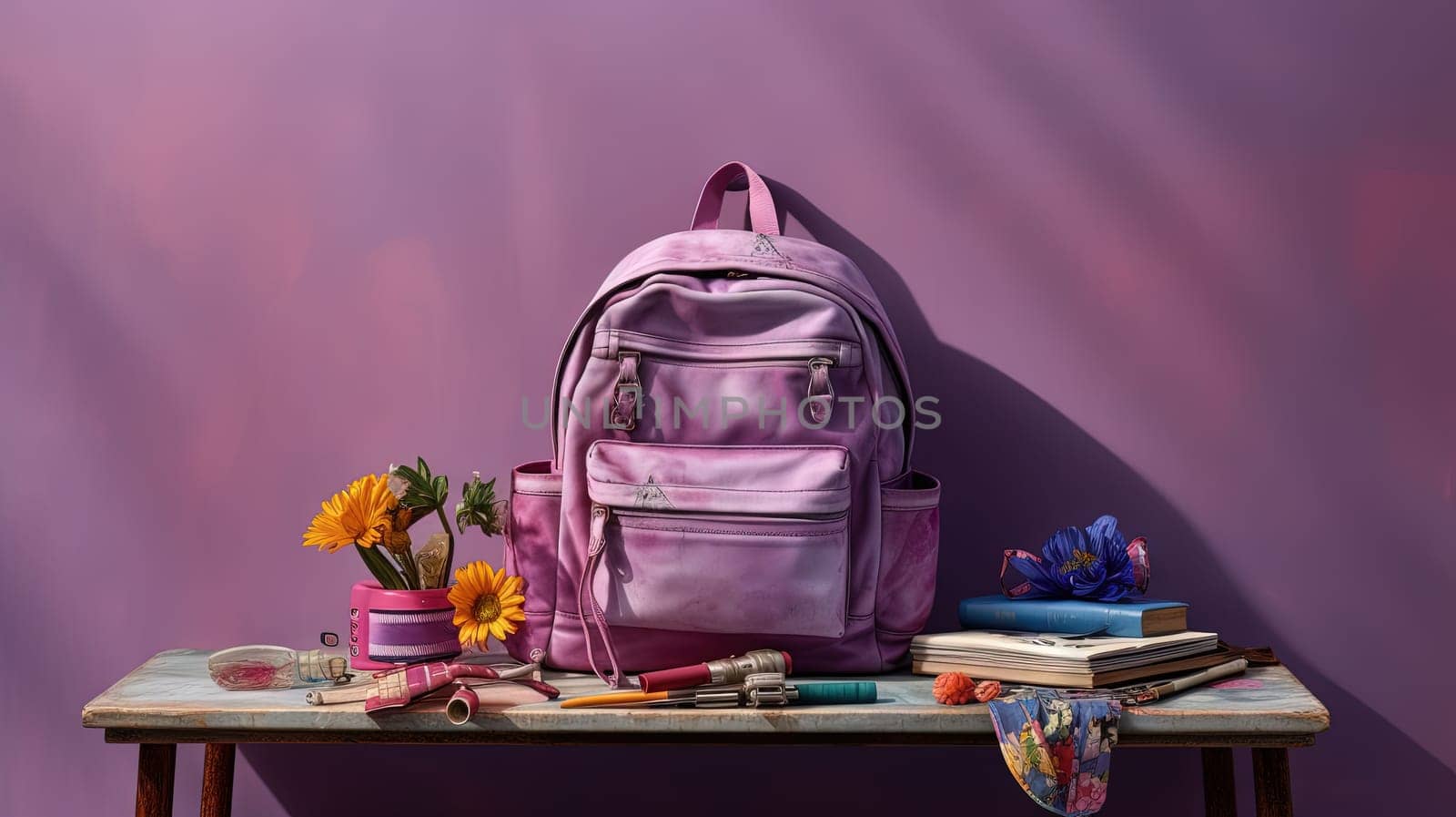 School backpack with colorful learning supplies. Back to school concept. Generated AI