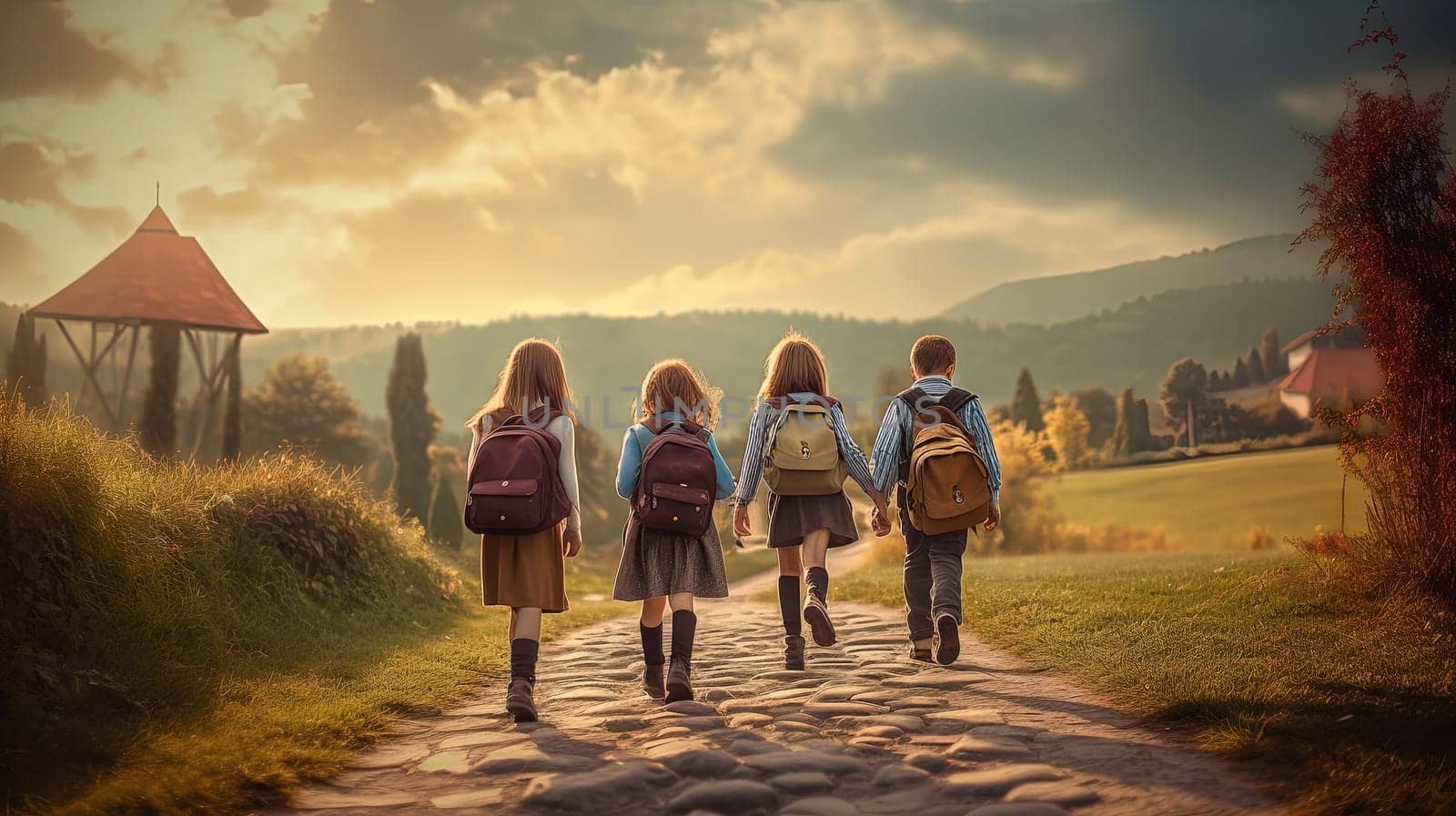 Children walking back home from school with backpacks. Generated AI