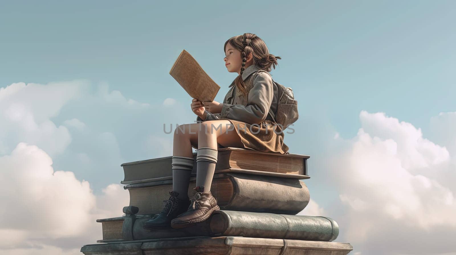 Schoolgirl reads the book in the sky, flying in her dreams and fantasies. Learning concept with little girl in the world of education. Generated AI. by SwillKch