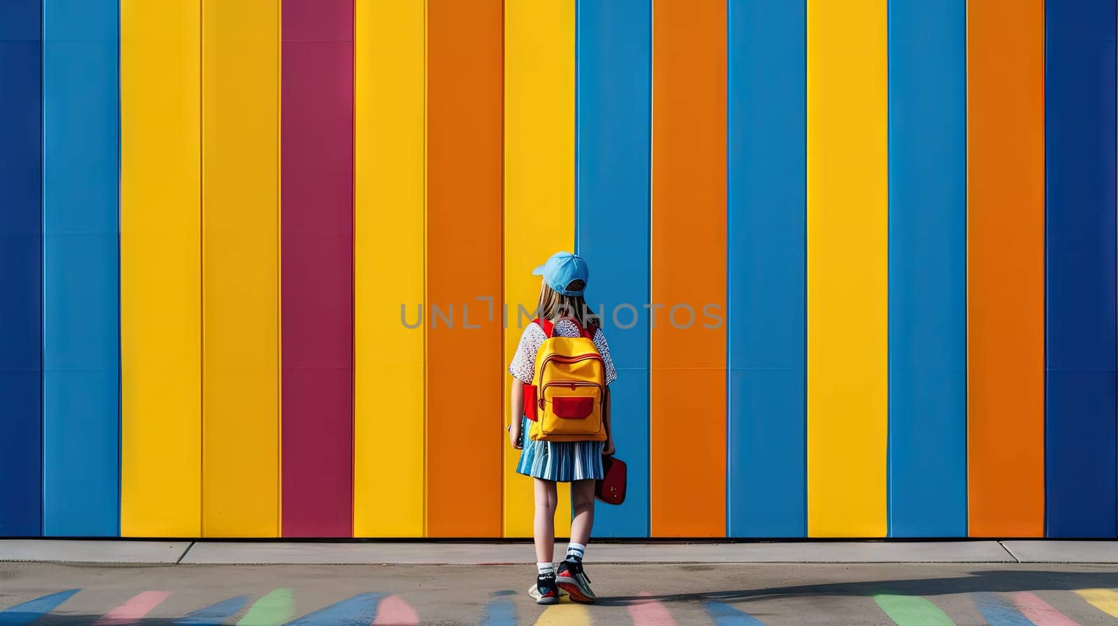 Schoolgirl standing by the wall. Colorful scene with girl with school backpack. Generated AI