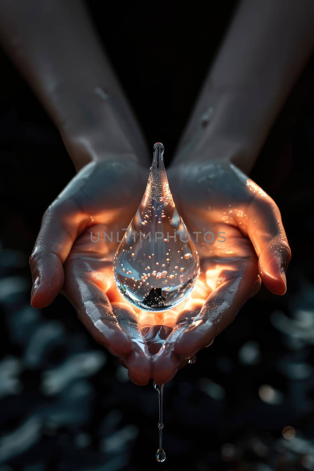 A drop of water in the hands of a man. Selective focus. Nature.