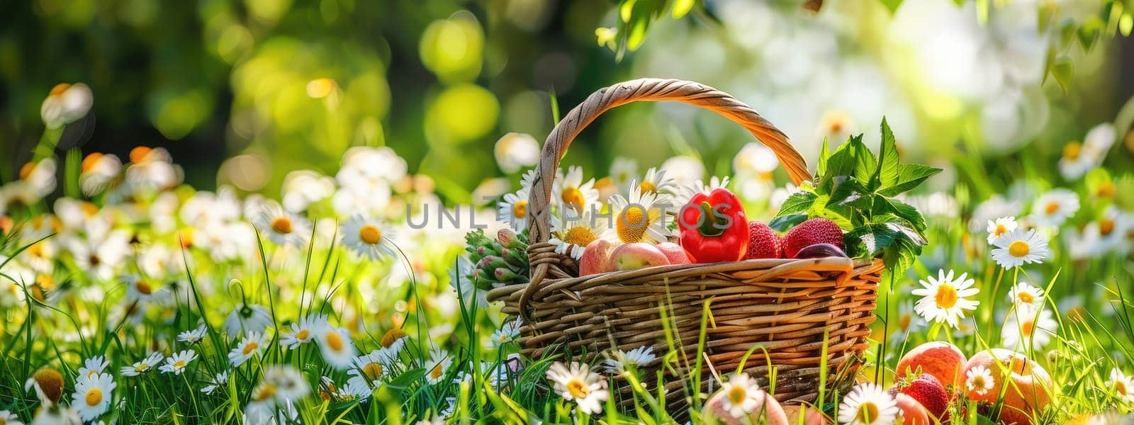 Basket with fruits and berries in the garden. Selective focus. nature.