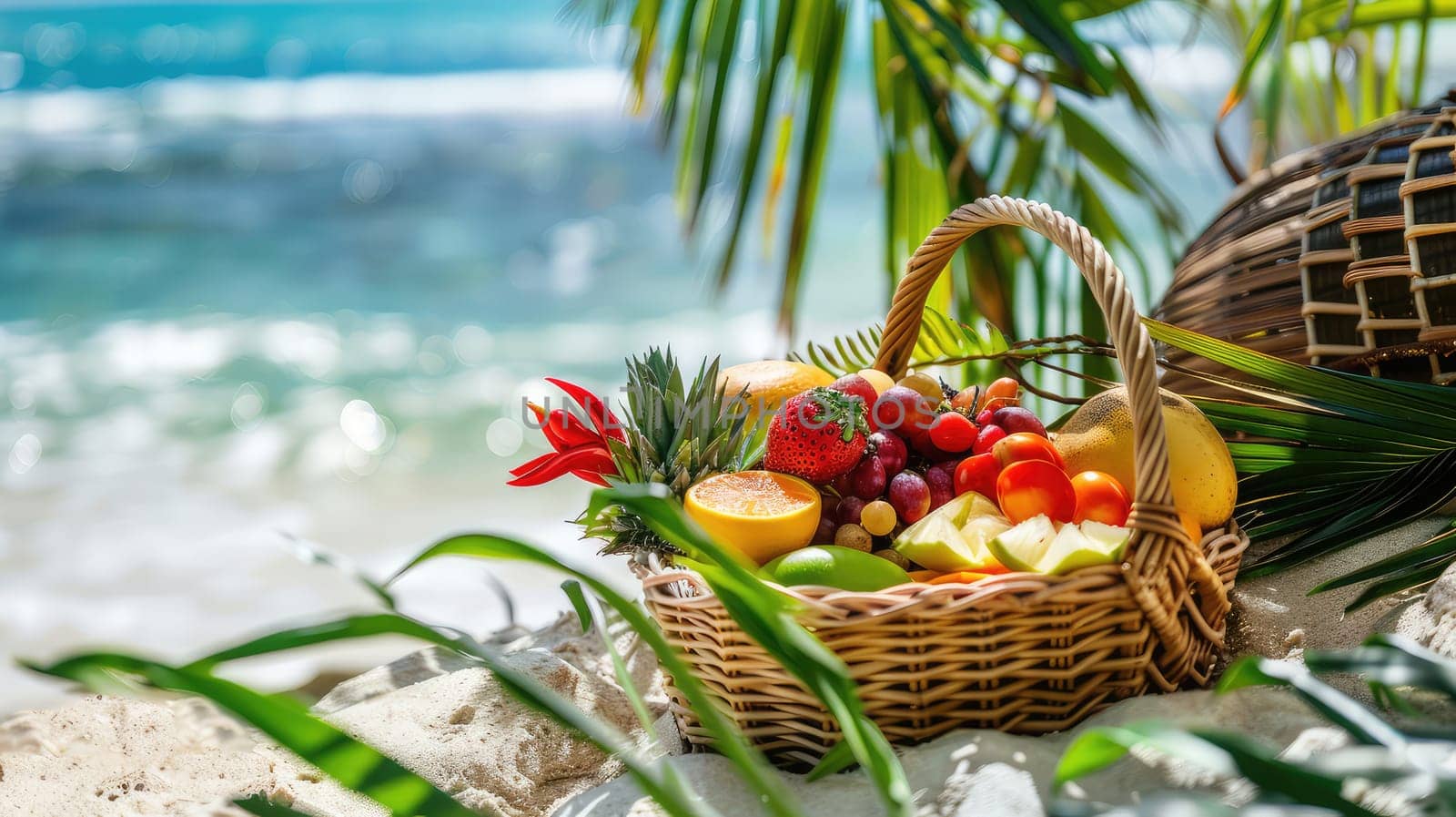 Fruit basket on the beach. Selective focus. food.