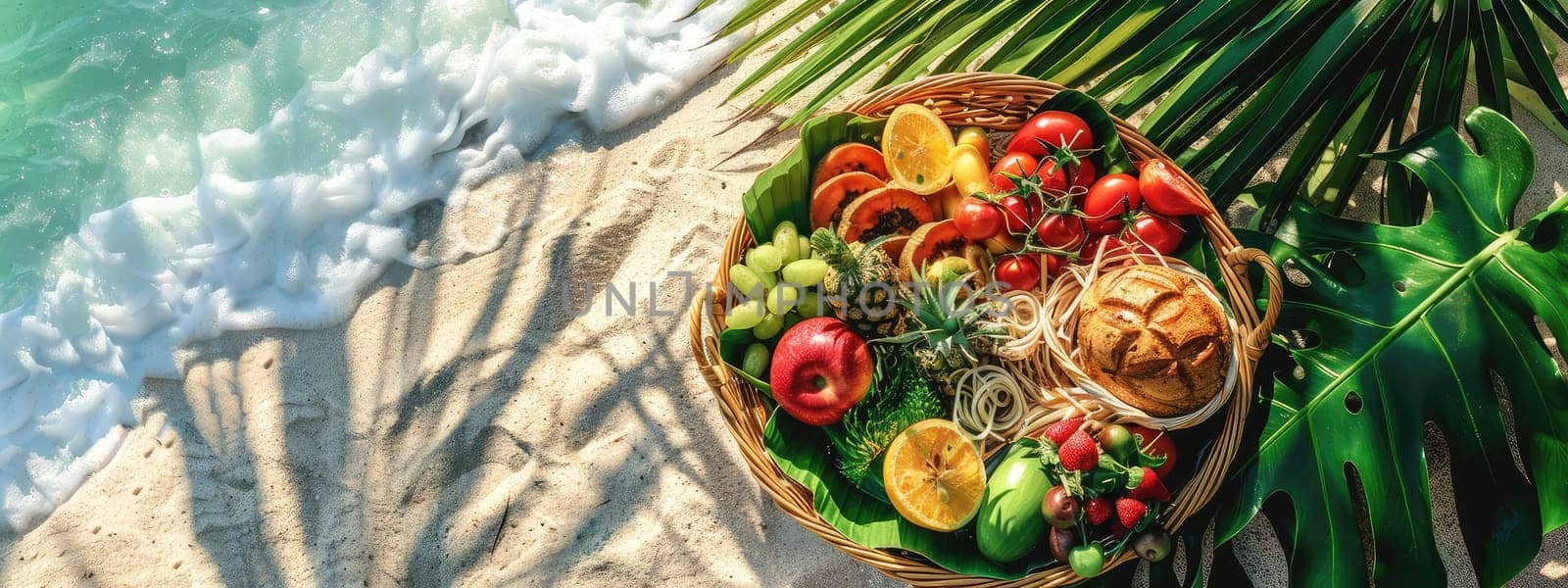 Fruit basket on the beach. Selective focus. by yanadjana