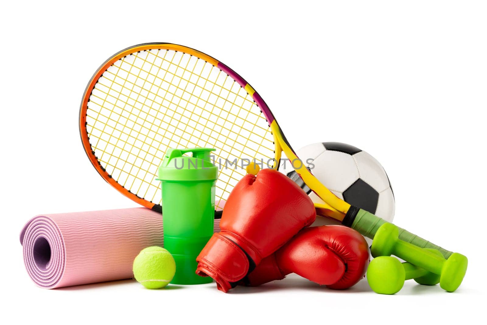 Assorted sports equipment isolated on white background by Fabrikasimf