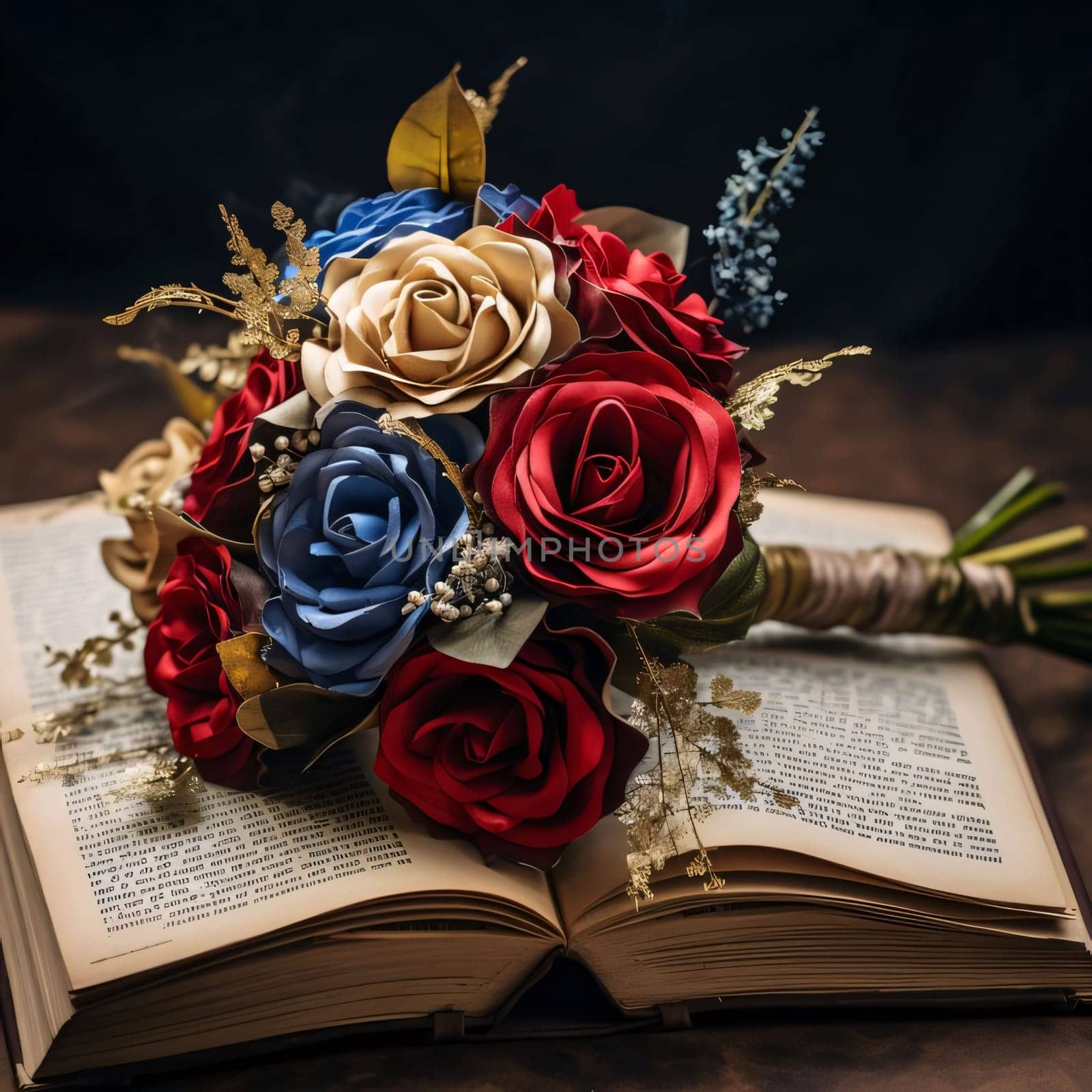 World Book Day: Bouquet of red and blue roses on the old book.