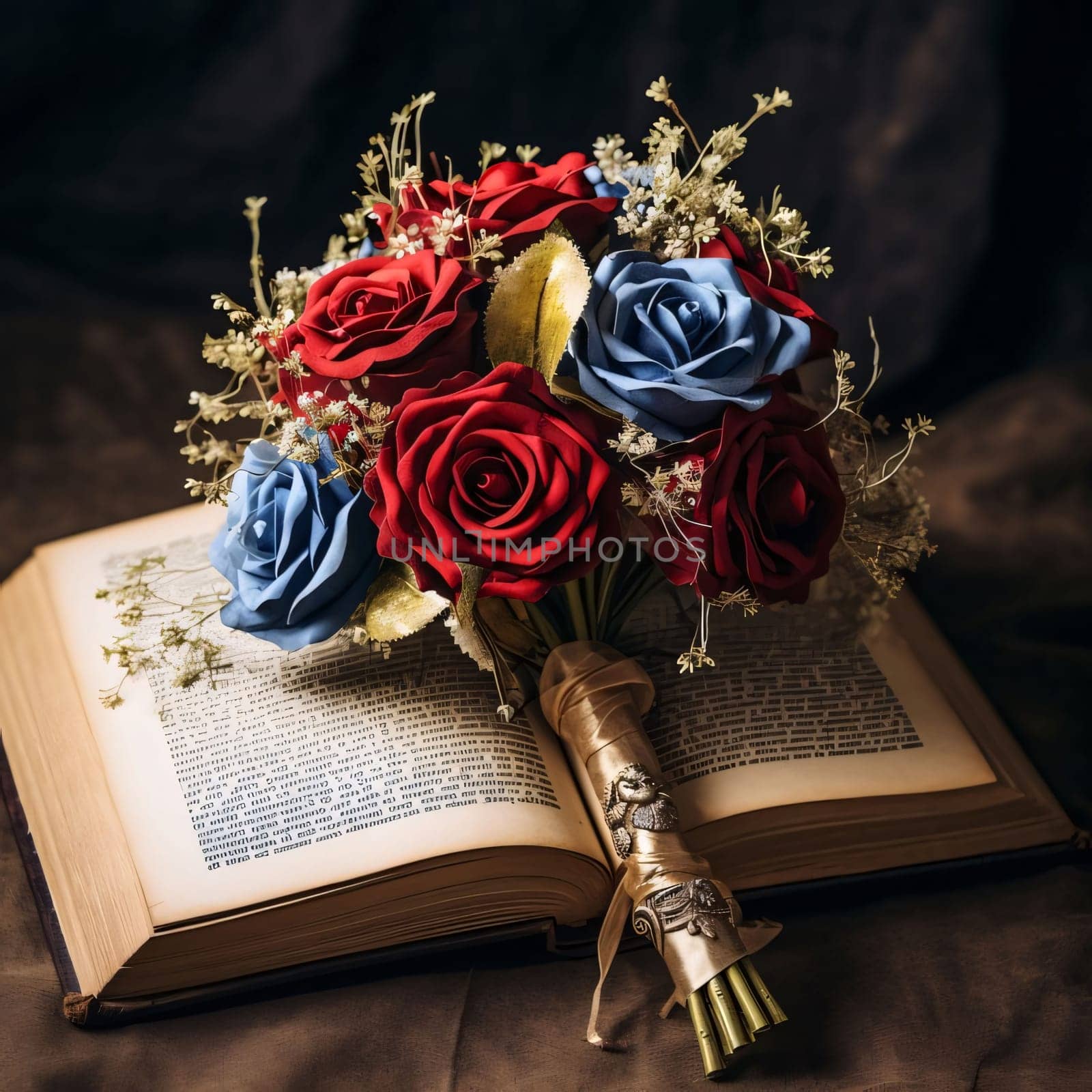 World Book Day: Bouquet of red and blue roses on an old book.