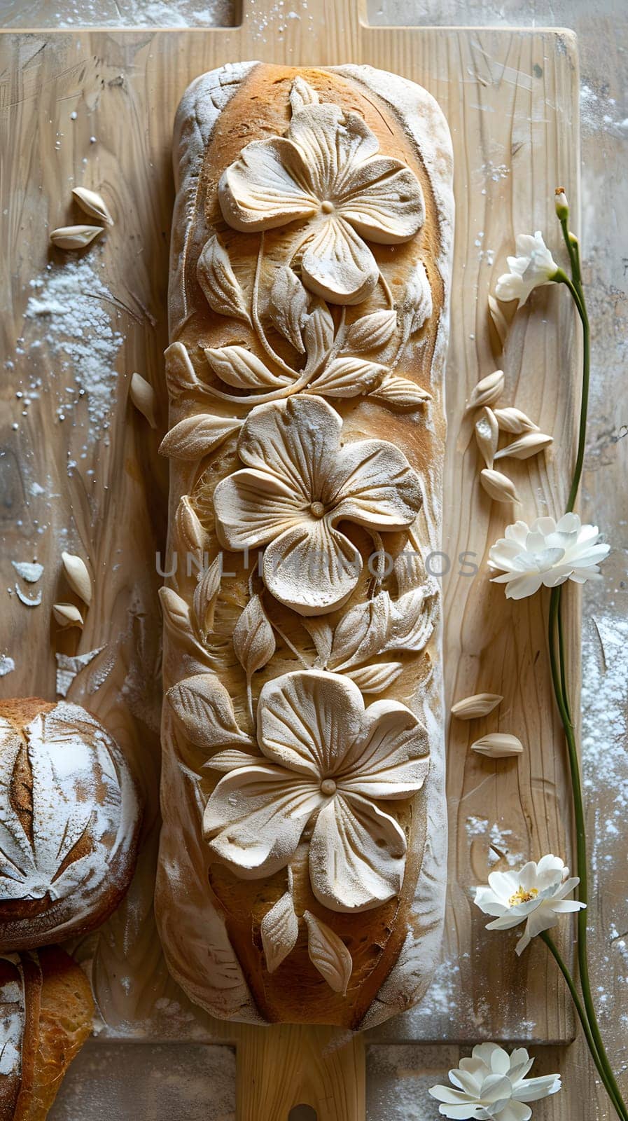 Carved flower loaf on wood board, a beautiful natural pattern by Nadtochiy