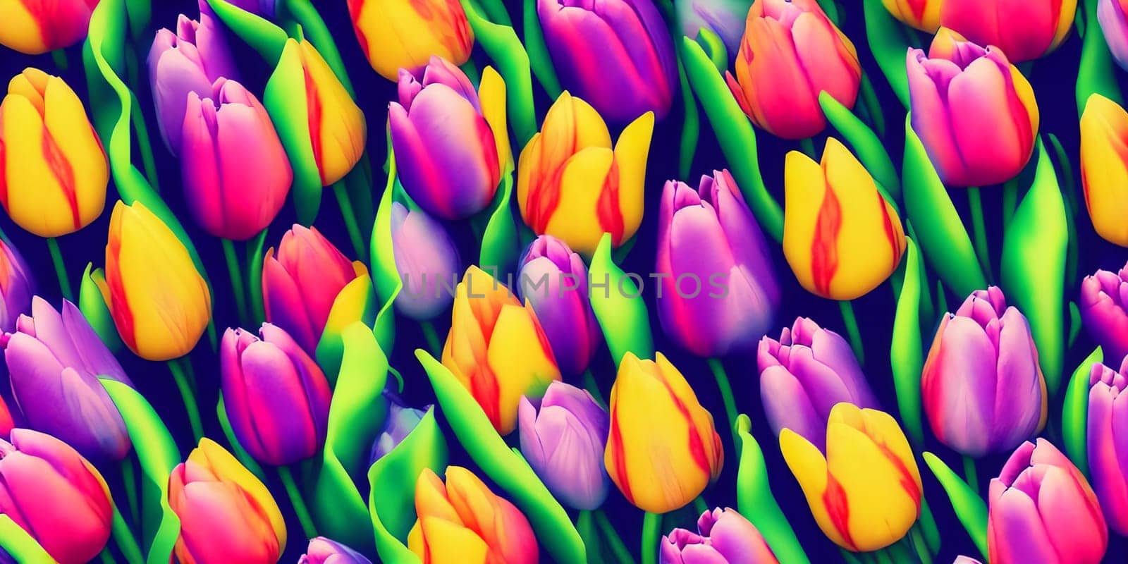 Vibrant spring-themed background featuring a variety of colorful tulips. Panorama by GoodOlga