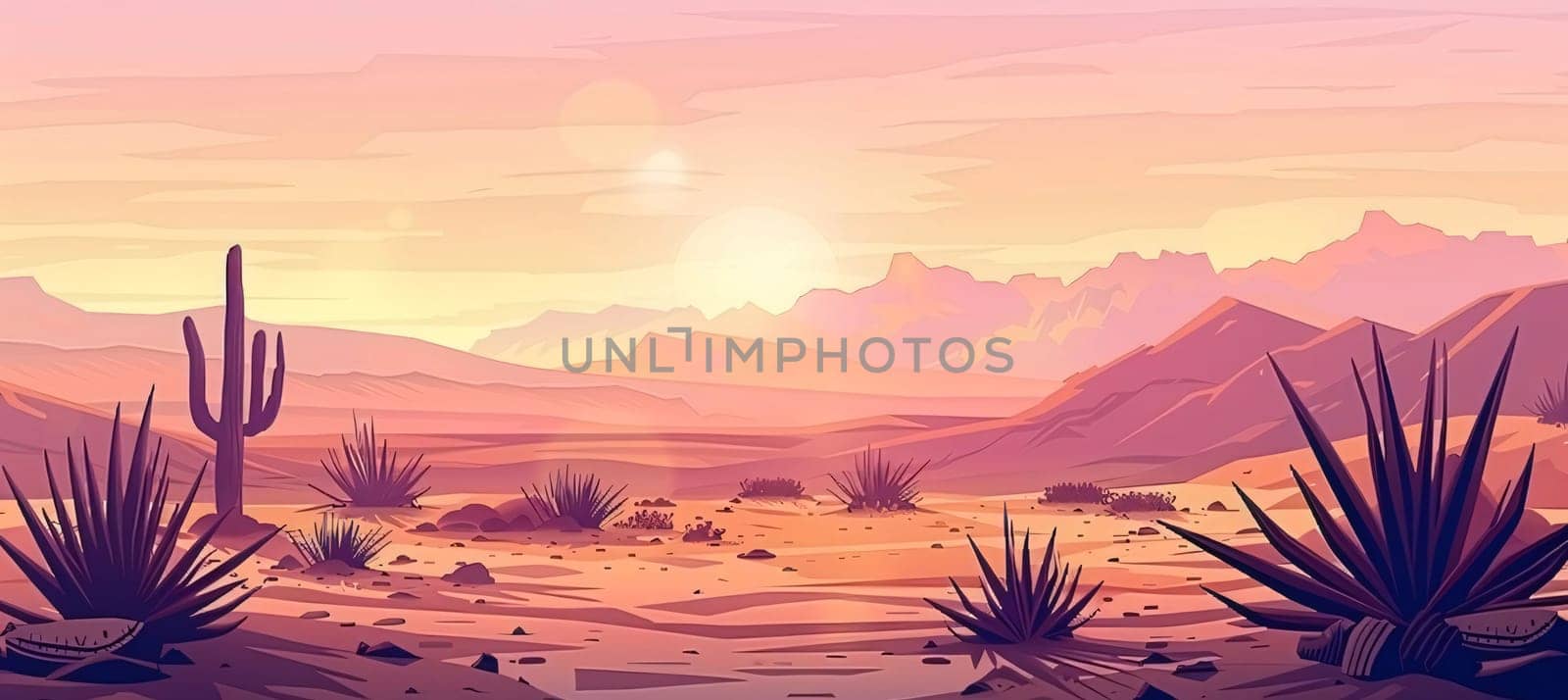 Plant called Cactus: Desert landscape with cacti and mountains at sunset. Vector illustration