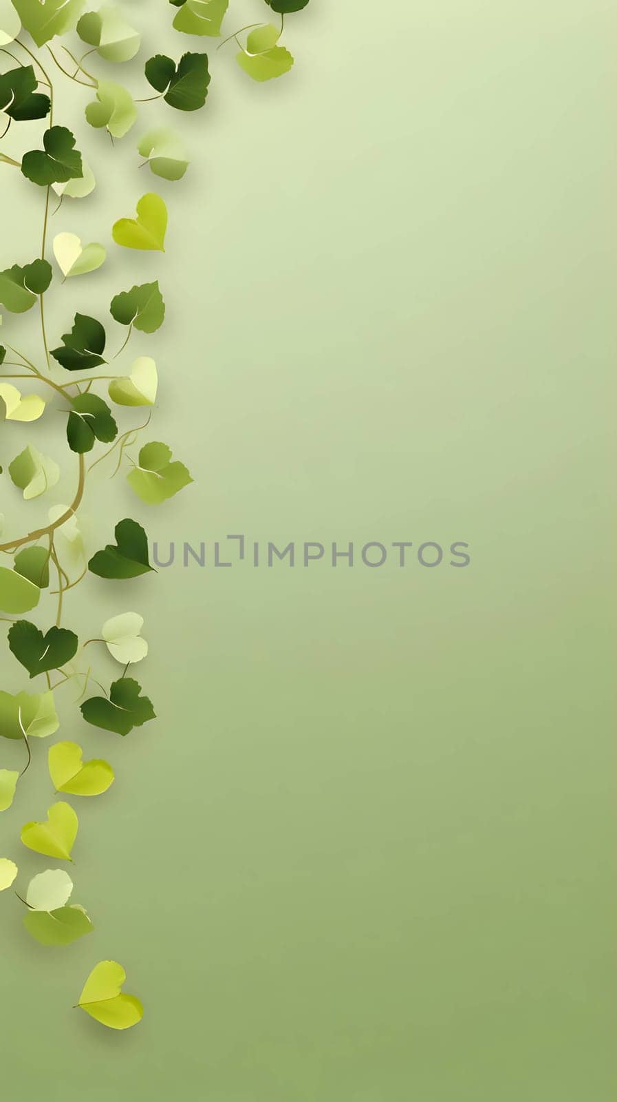 Banner with heart-shaped leaf twigs on green background. Free space for inscription.