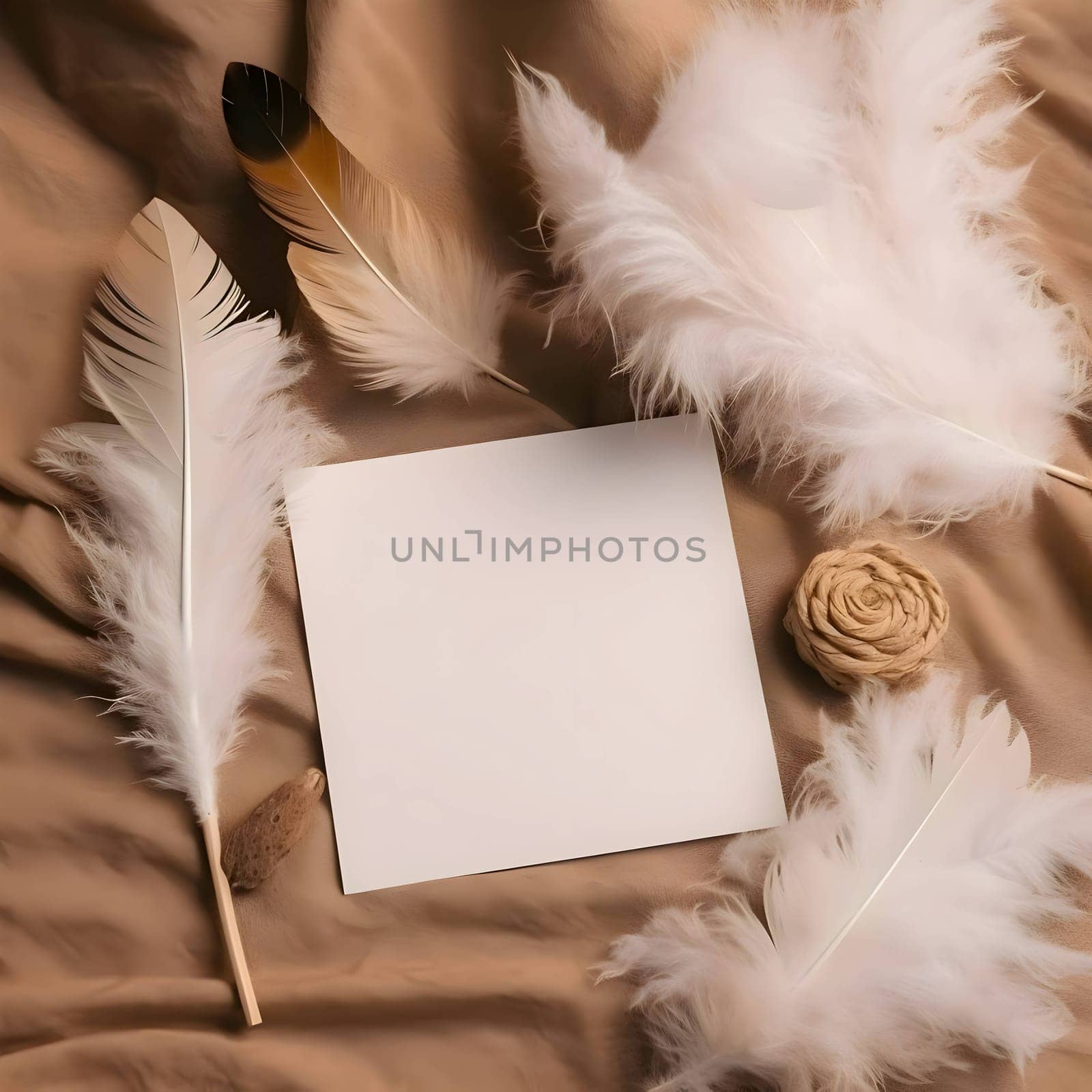 A white blank sheet of paper surrounded by fluffy white feathers.