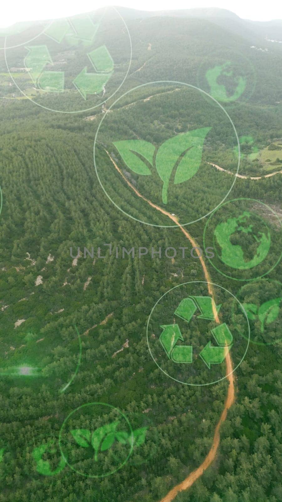 Green forest aerial view and environmental technology concept. Green tech. Ecology. Green transformation. GX. SDGs. by senkaya