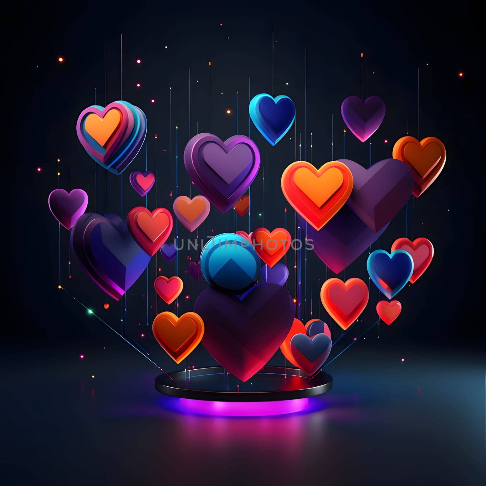 Abstract vertical projector and displayed colorful hearts on a black background. Heart as a symbol of affection and love. The time of falling in love and love.