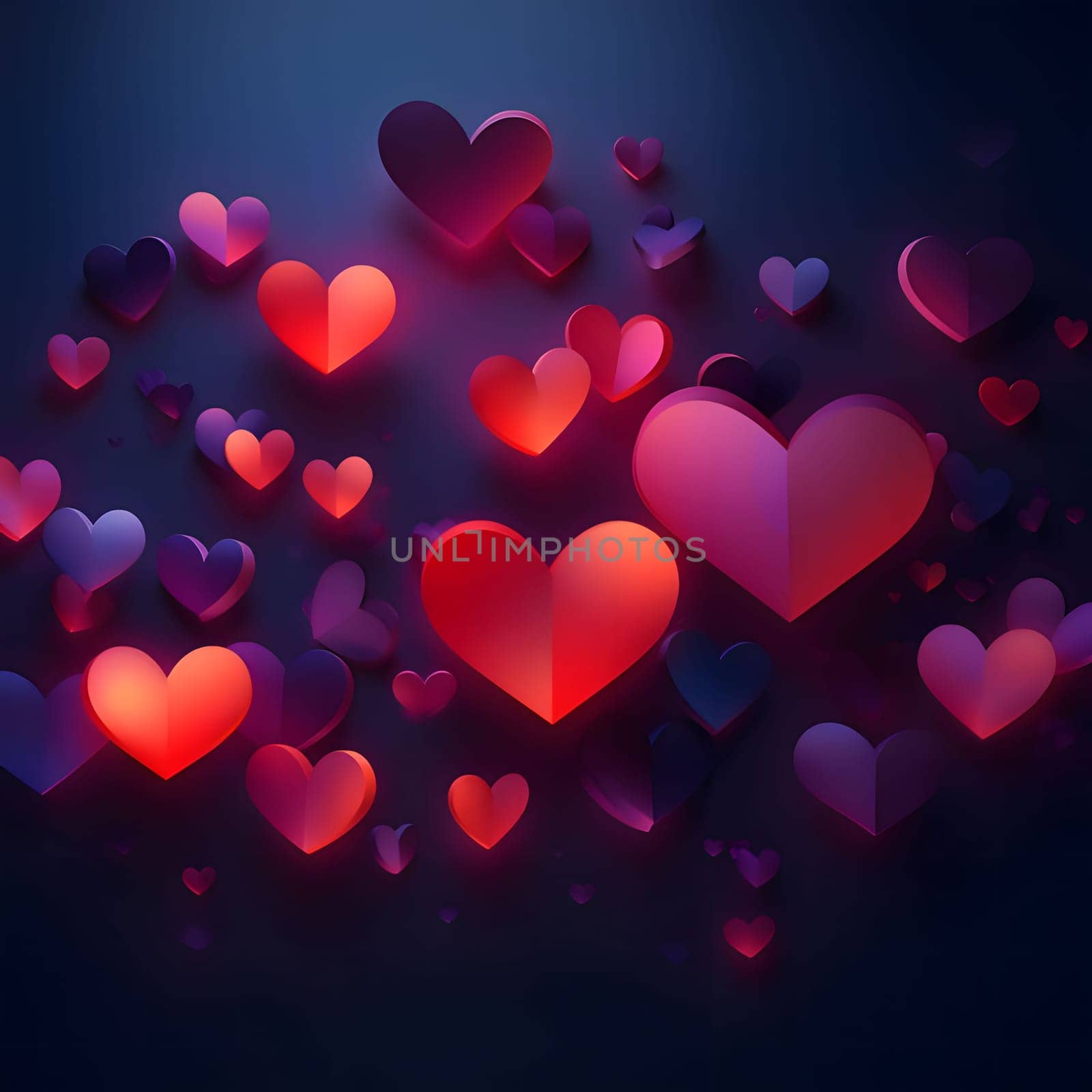 Red navy blue hearts on a dark background. Heart as a symbol of affection and love. The time of falling in love and love.