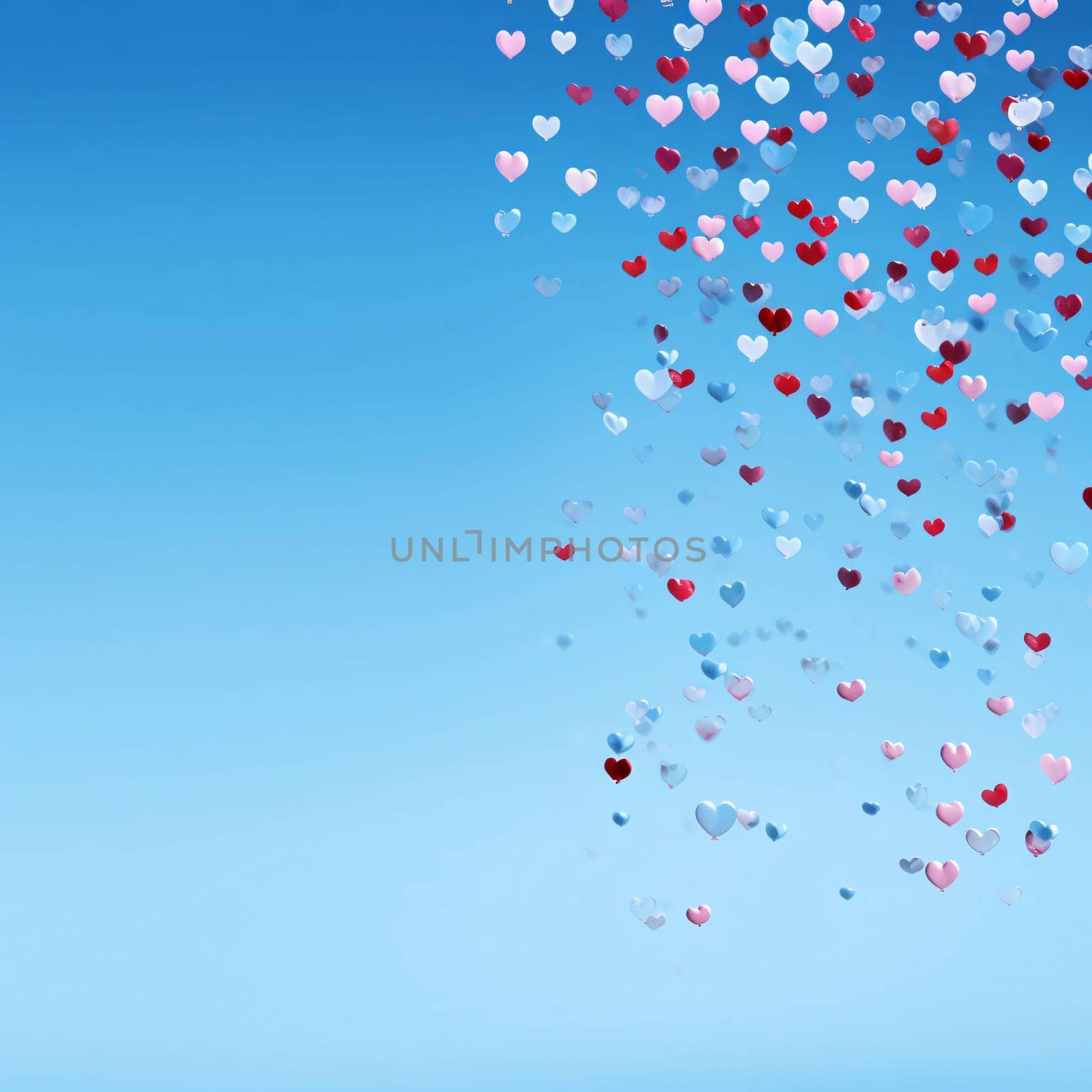 Colorful hearts falling on a blue background.Valentine's Day banner with space for your own content. White background color. Blank field for the inscription. Heart as a symbol of affection and love.