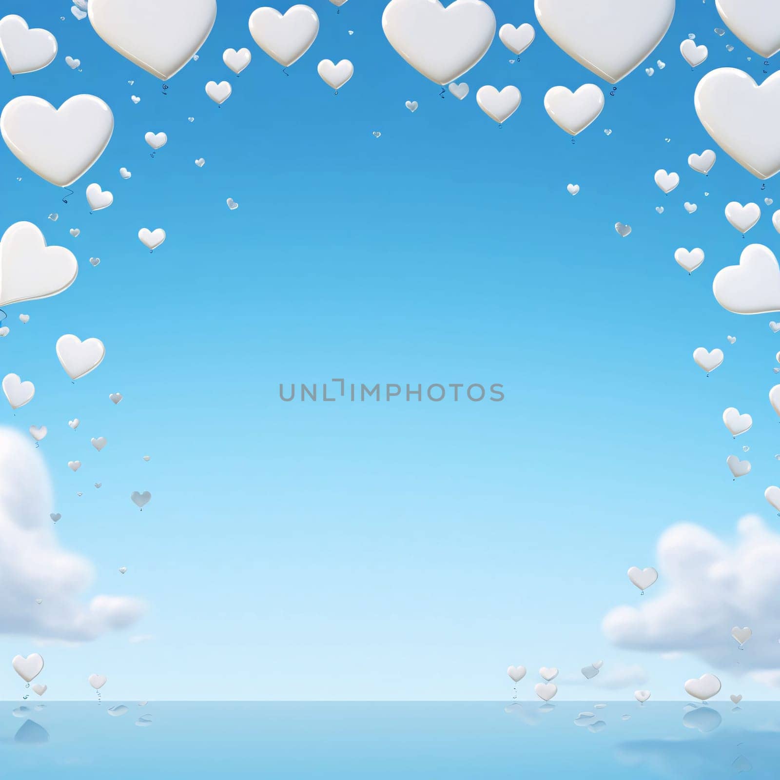 Pink hearts on the background of the sky. Blue background.Valentine's Day banner with space for your own content. White background color. Blank field for the inscription. Heart as a symbol of affection and love.