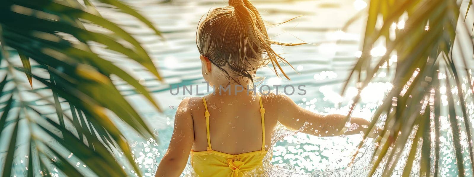 A child girl swims in the pool on vacation. Selective focus. by yanadjana