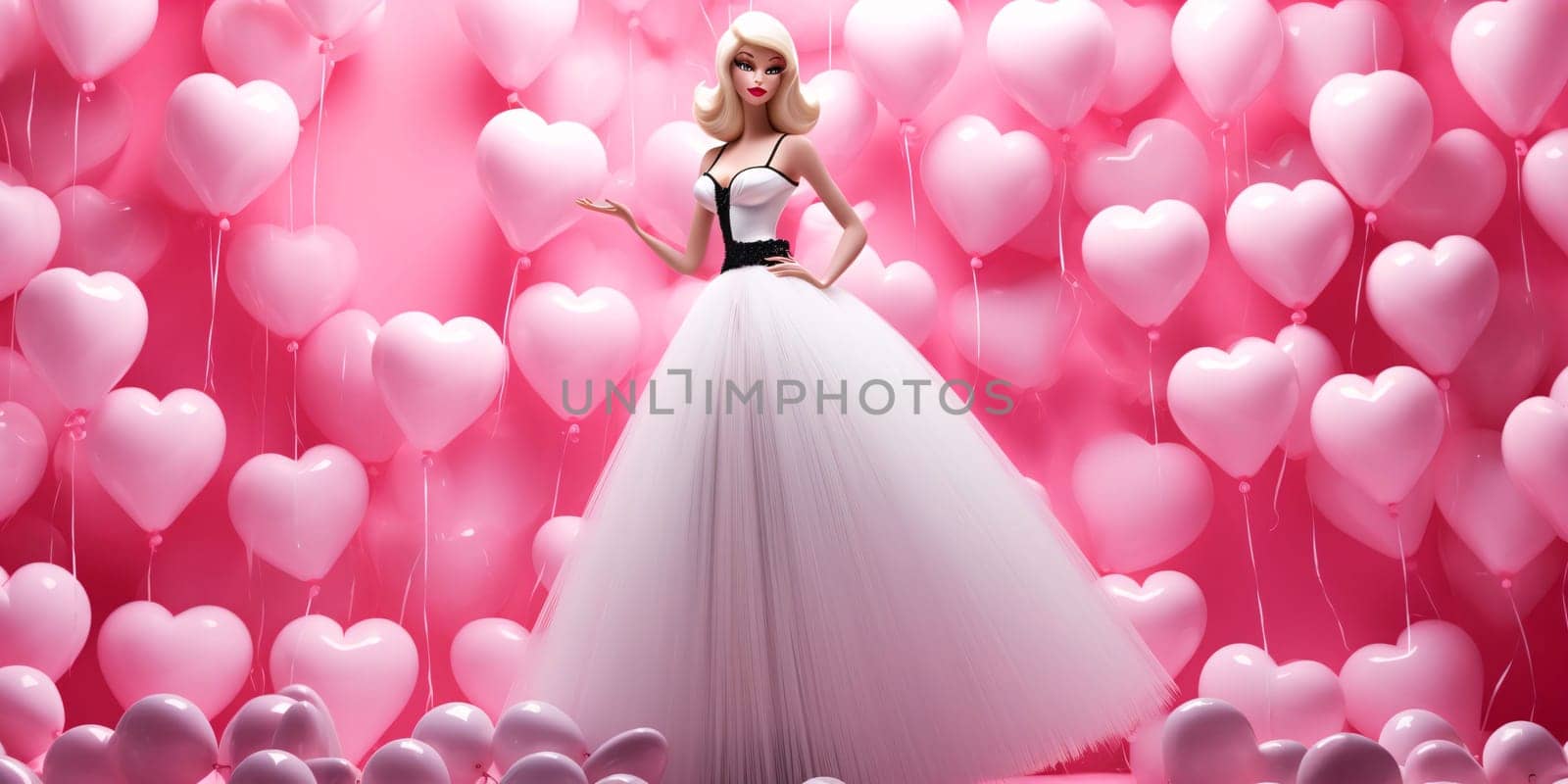 Illustration of Barbie in a pink dress around balloons in the shape of pink hearts. Heart as a symbol of affection and love. The time of falling in love and love.