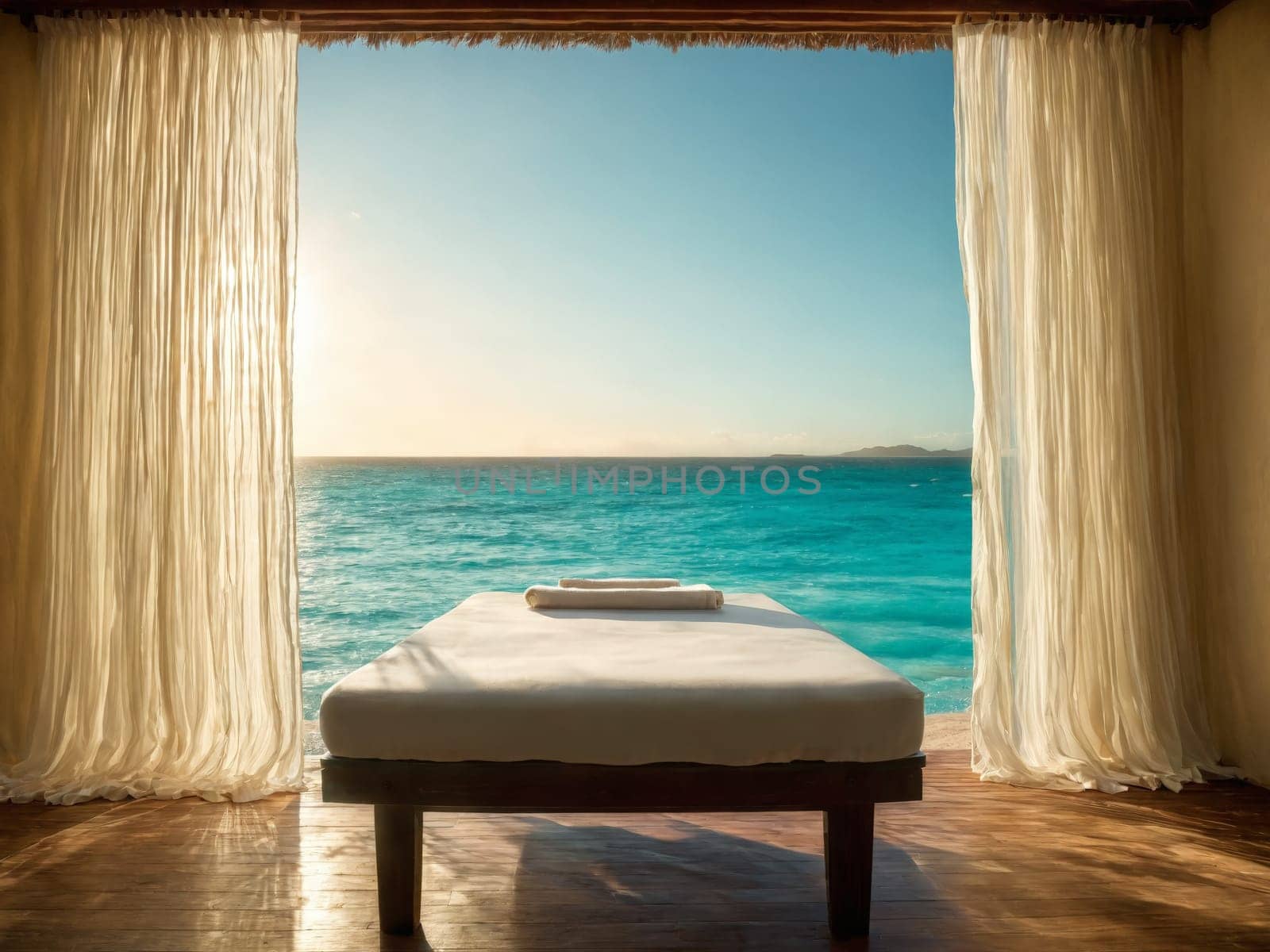 Tropical spa cabana gauzy white curtains blowing in breeze turquoise ocean in distance massage table by panophotograph