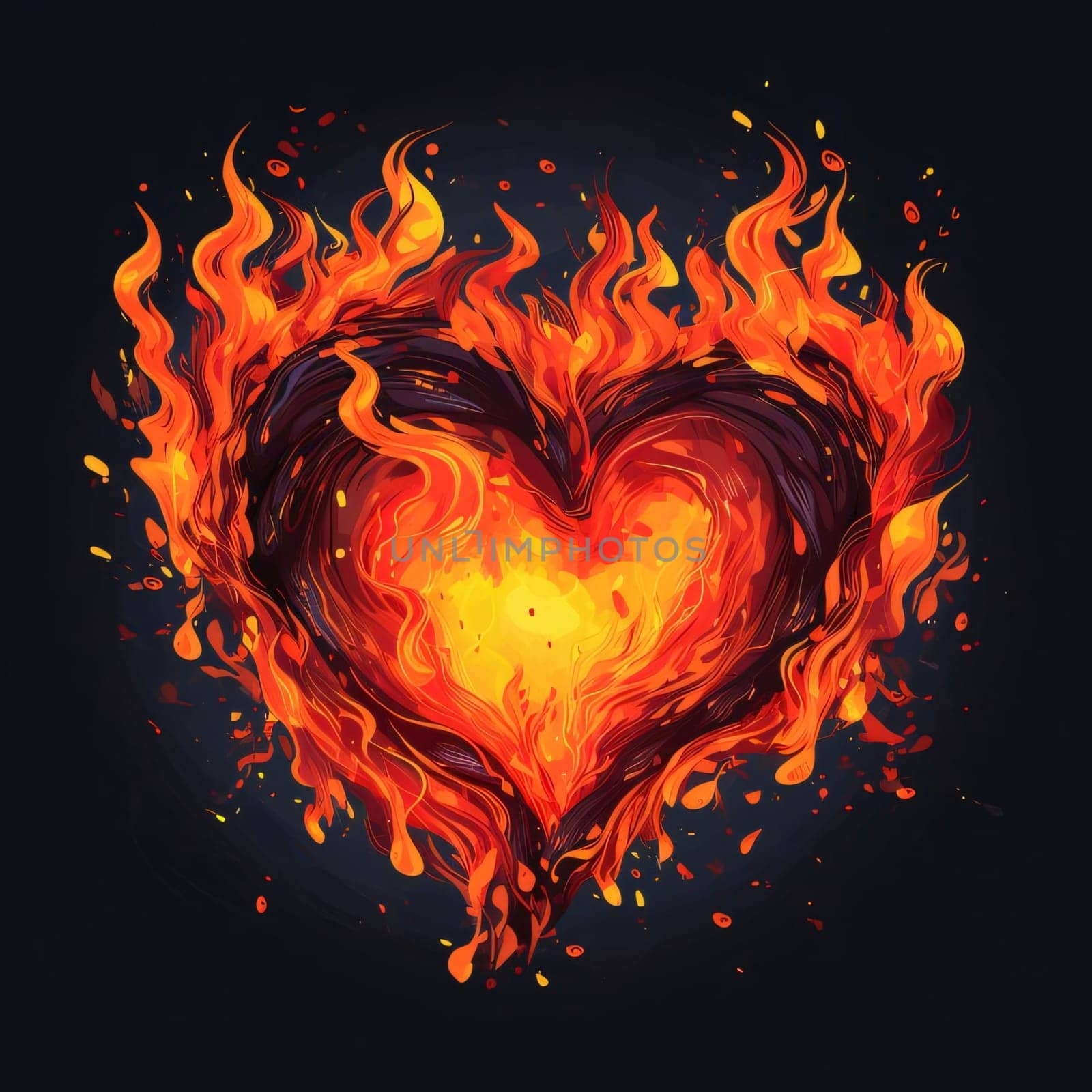 Heart illustration painted with watercolor paints fiery flames around the heart dark background. Heart as a symbol of affection and love. The time of falling in love and love.