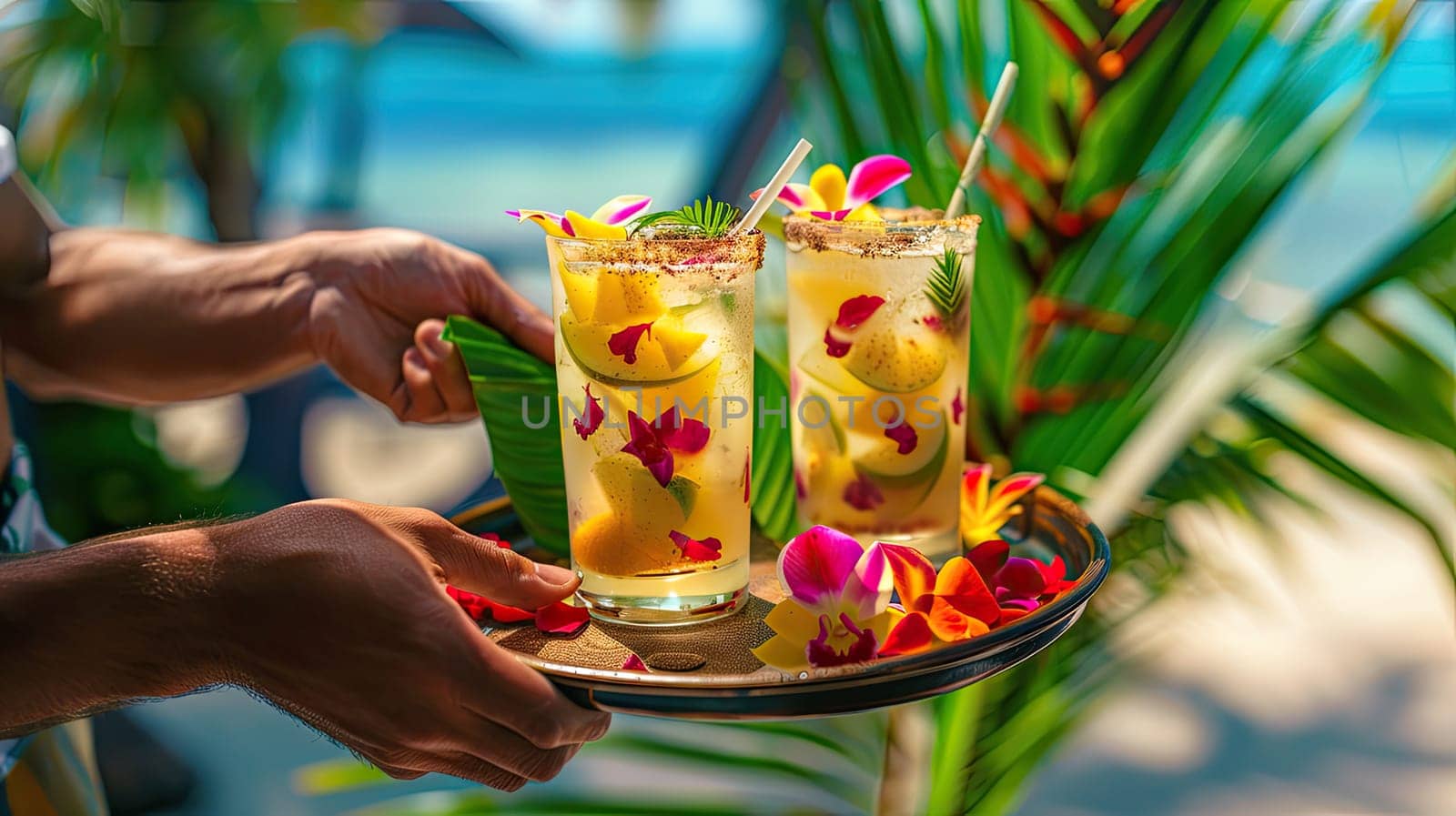 Beautiful exotic cocktails on the beach. Selective focus. drinks.