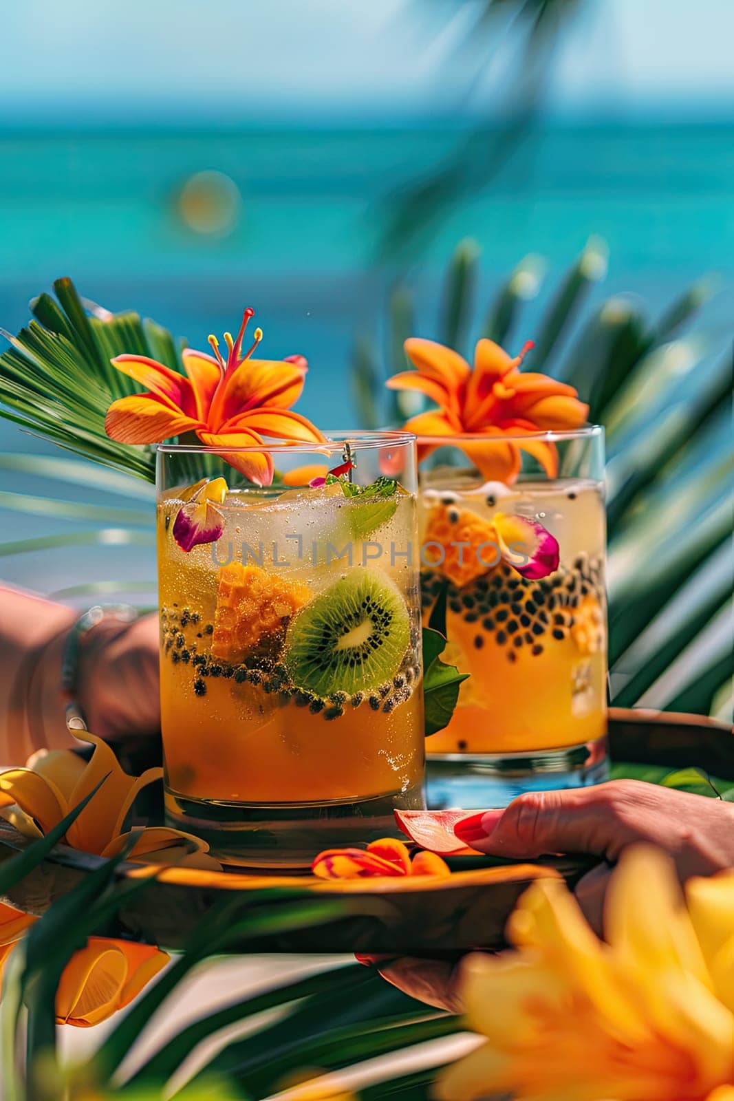 Beautiful exotic cocktails on the beach. Selective focus. drinks.