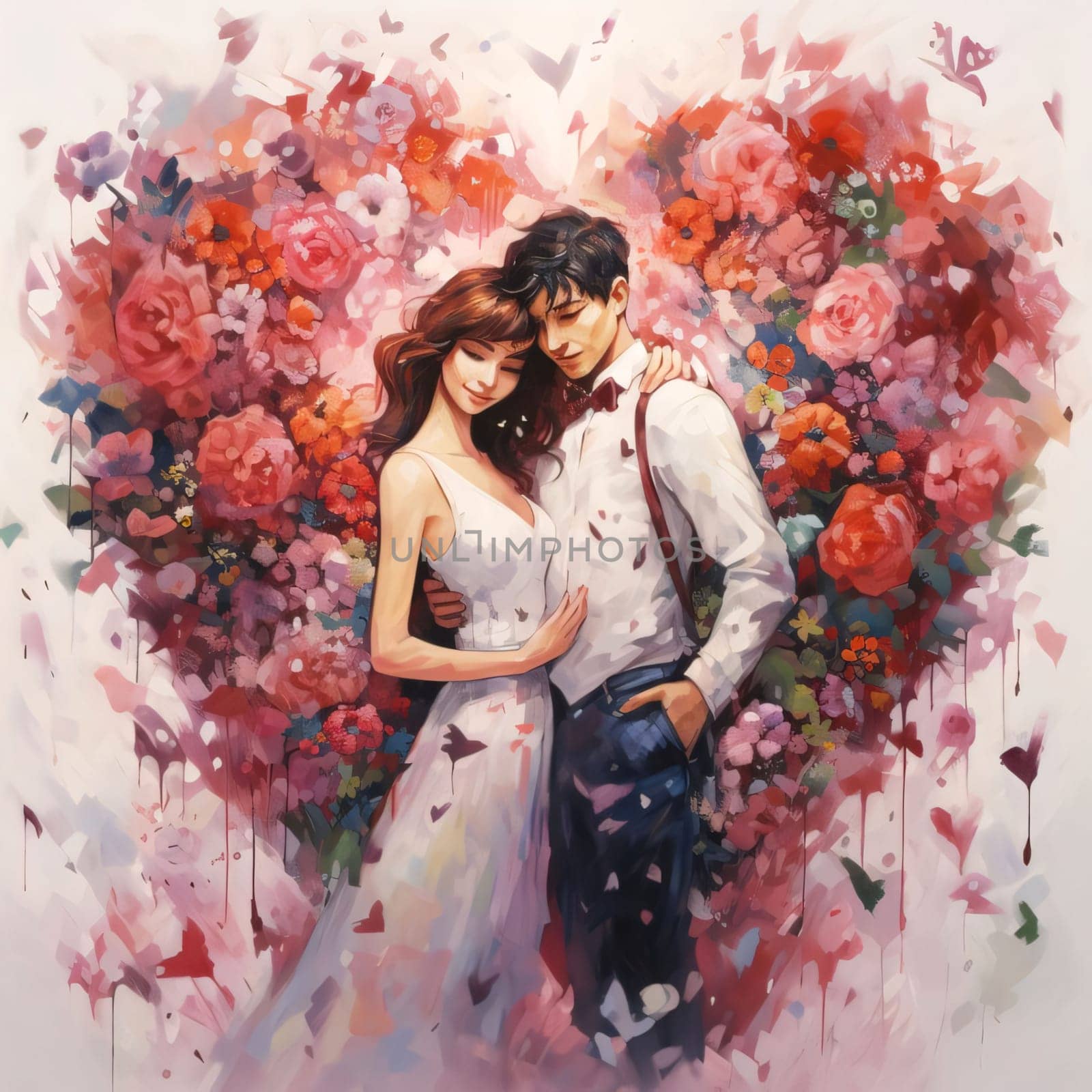 Illustration painted with watercolor paints, hugging a boy and a girl on the background of a heart made of colorful flowers. Heart as a symbol of affection and love. The time of falling in love and love.