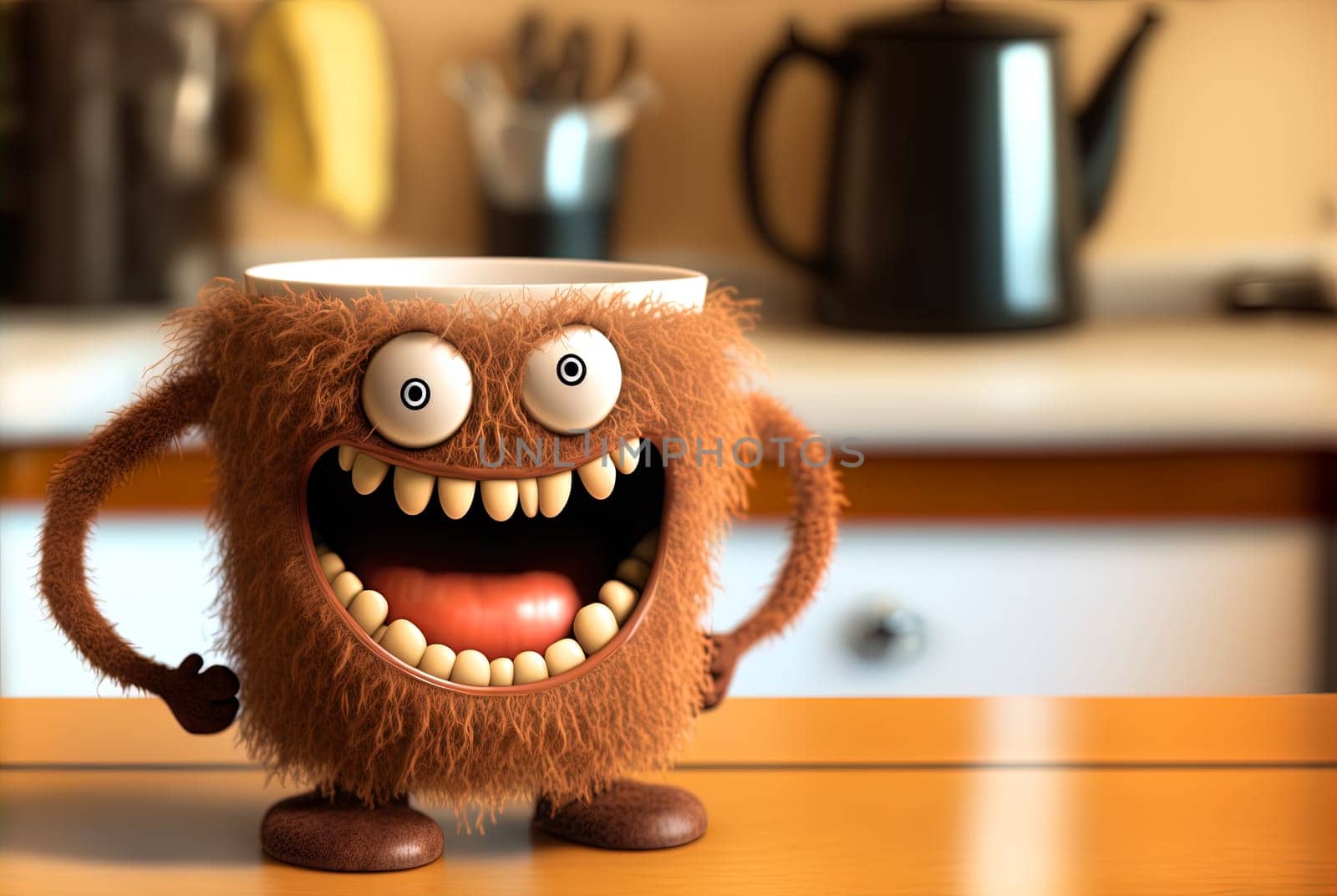 Coffee monster with crazy eyes. Cute character with caffeine energy, very excited. Generated AI