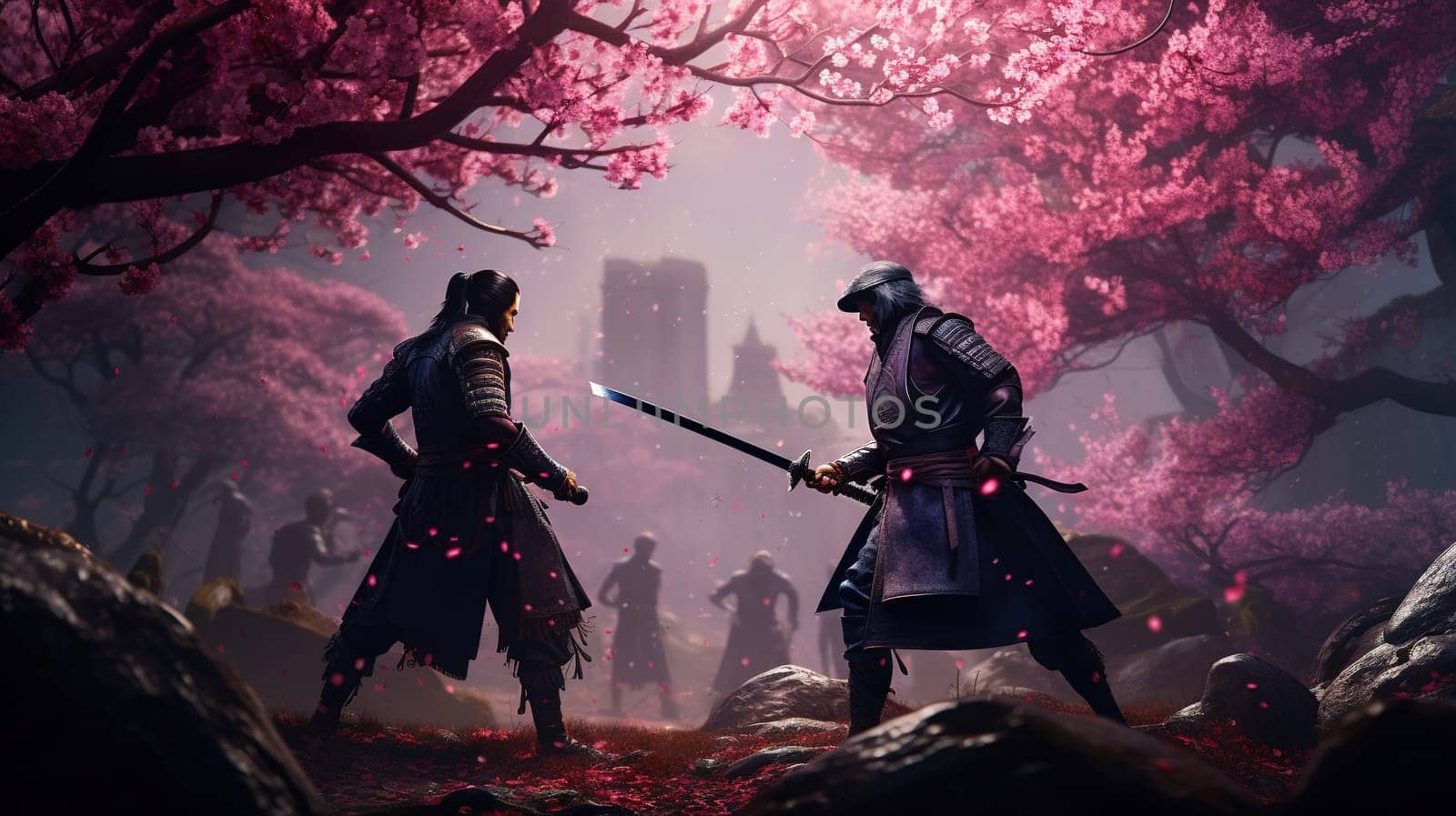 Duel of samurai warriors with swords in the garden of sakura blossom. Generated AI