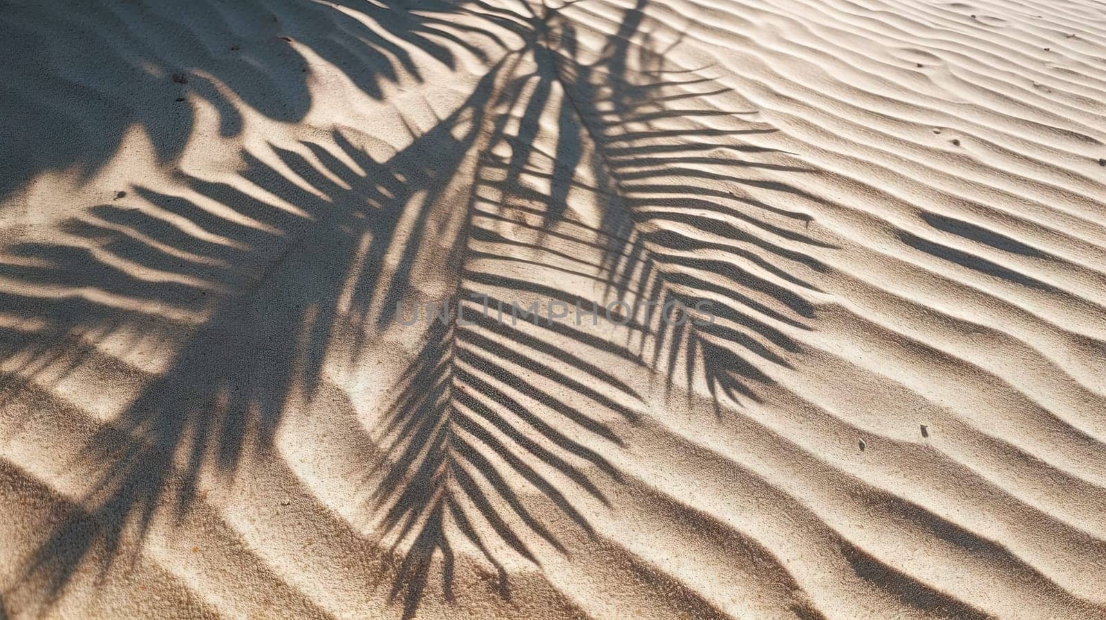 Plam leaves on the tropical beach sand background. Vacation and relaxation concept with dry palm leaves on the hot summer beach. Generated AI