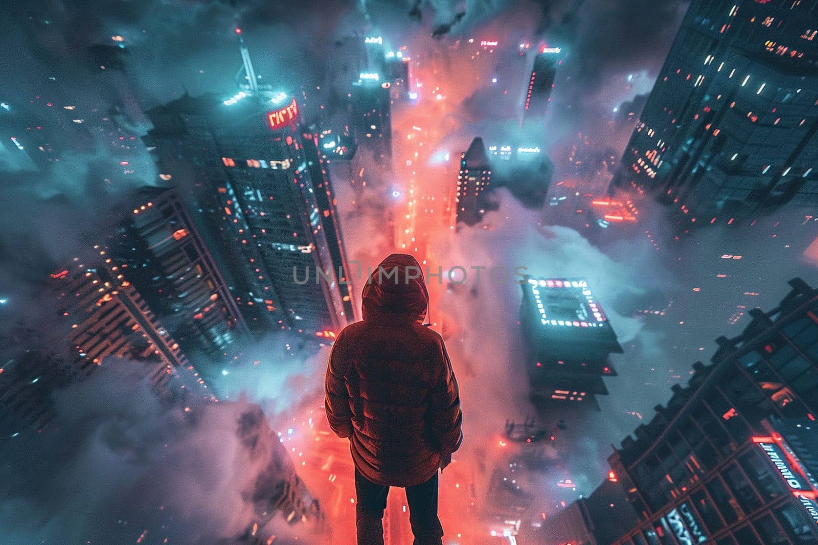 Top view of a man standing with his back on a skyscraper at night. Blur, neon, clouds.