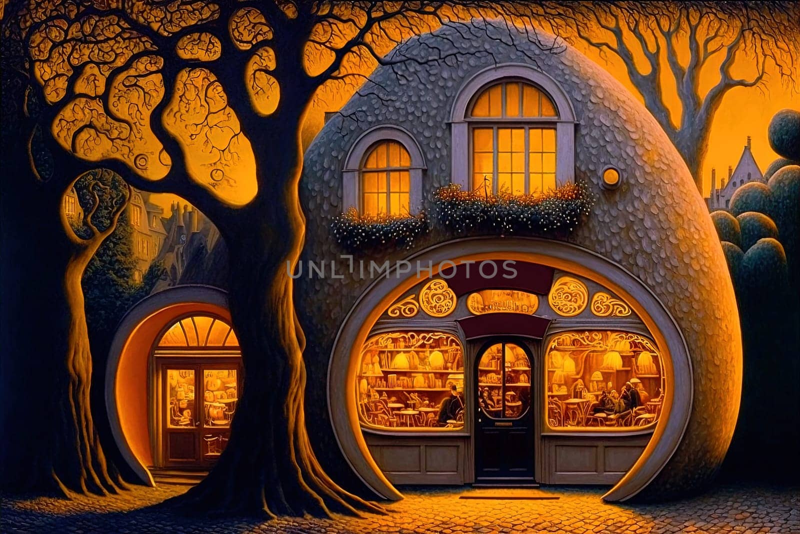Fantasy tavern or cafe from fairy tales. Hobbit styled caffeteria on the street or in forest. Generative AI