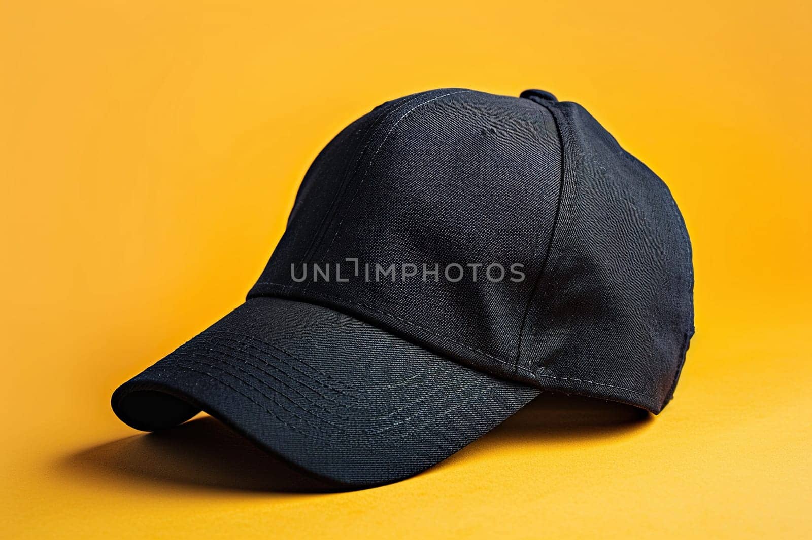 Mockup of a blank black baseball cap for men and women on a yellow background. A uniform. Generated by artificial intelligence by Vovmar