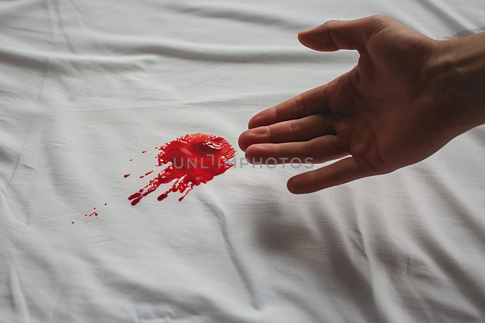 The hand points to a red stain on a white T-shirt.