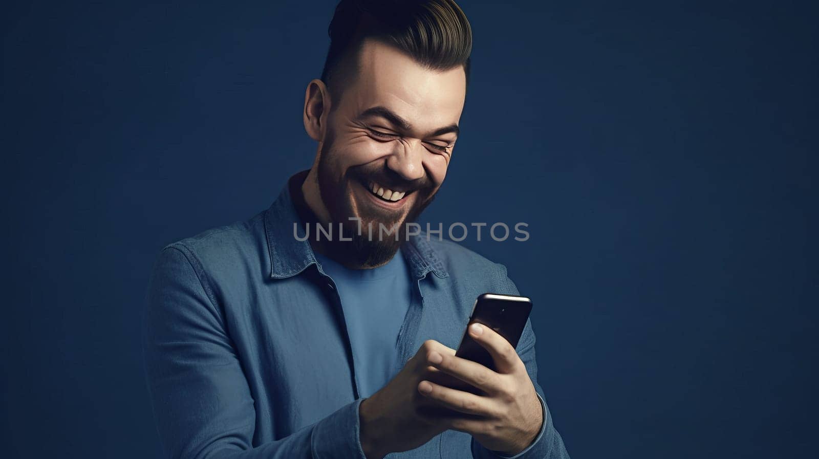 A happy stylish man with a beard watches a smartphone in his hands, in blue shirt, standing isolated on a dark blue background. Close up. Copy space