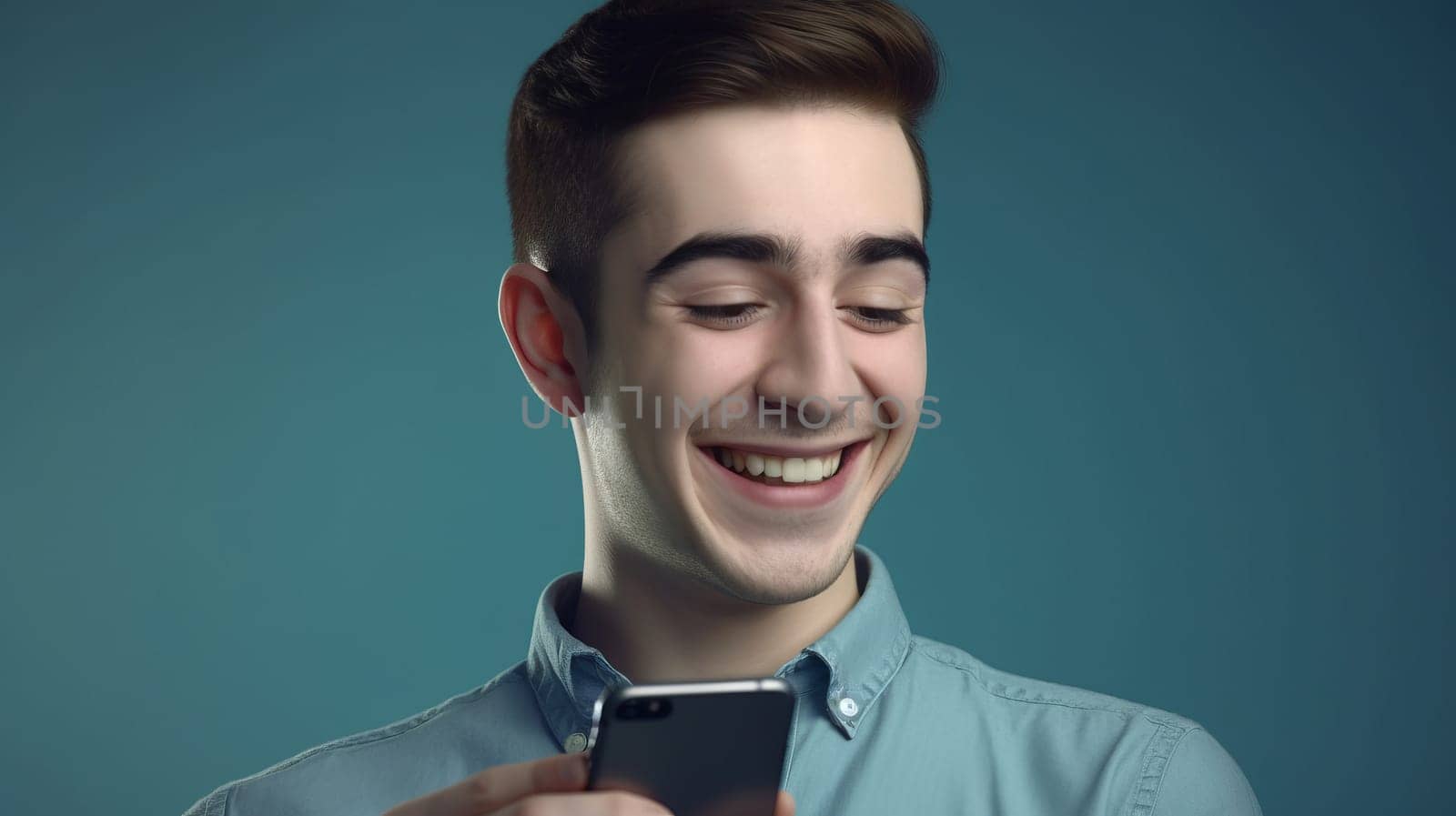 Happy guy holding a smartphone in his hands, standing isolated on a blue-green background. Close up