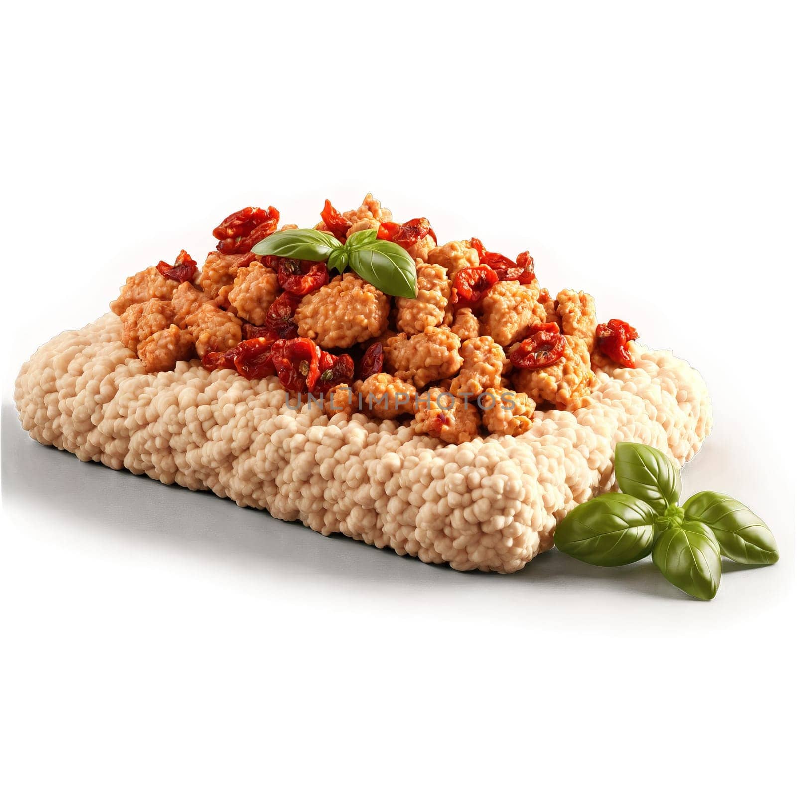 Ground chicken pale and lean with basil leaves and sun dried tomatoes tumbling in by panophotograph