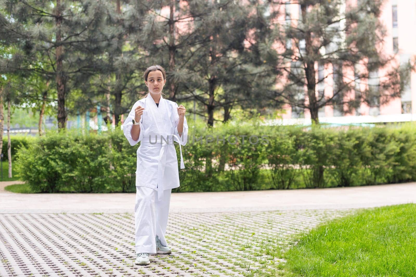 Girl in Karate Taekwondo Fighting Stance. High quality photo