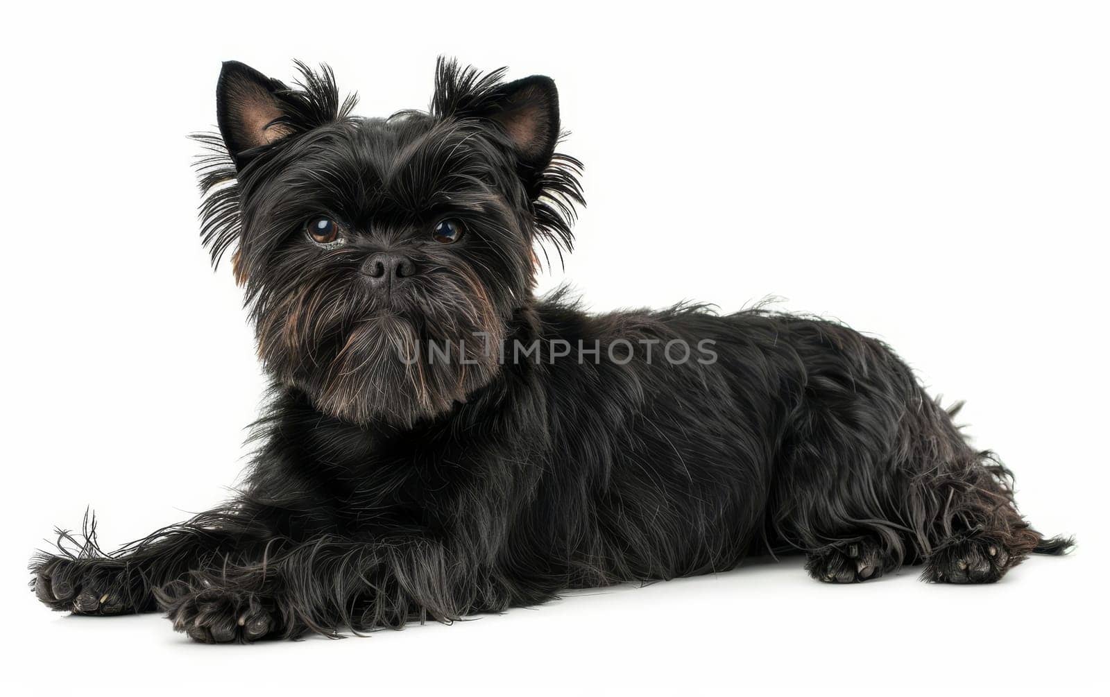 A small black Affenpinscher lies elegantly against a white background, its piercing gaze captivating the viewer. Its long, silky fur and distinguished beard give it a look of wise curiosity