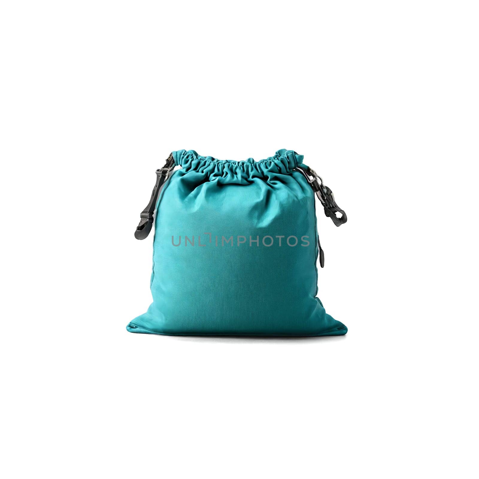 Yoga Sandbag small teal canvas sandbag with an adjustable strap resting on its side by panophotograph