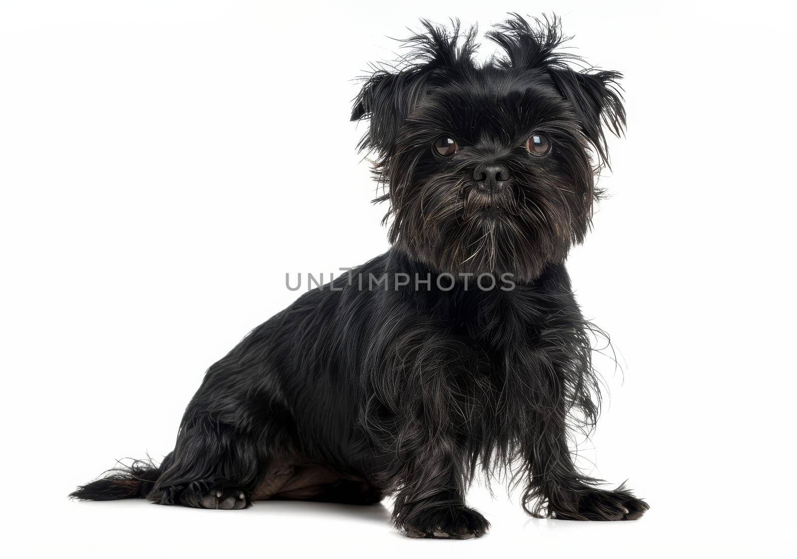A black Affenpinscher sits proudly, showcasing its compact body and perky ears. The dog's attentive expression and lustrous coat exude confidence and breed pride. by sfinks